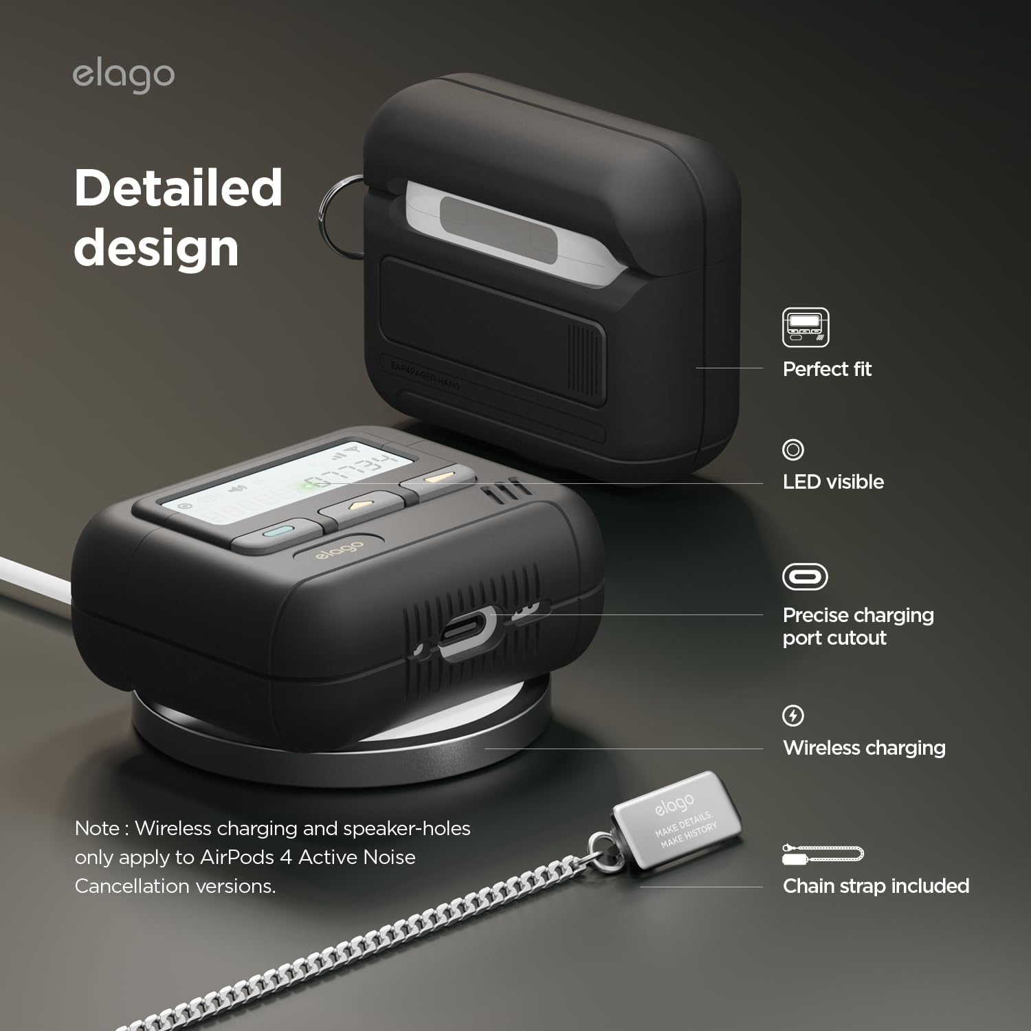 Detalle de elago Coque Pager pour étui AirPods 4 (étui AirPods 4) – mousqueton inclus, silicone résistant aux chocs, noir