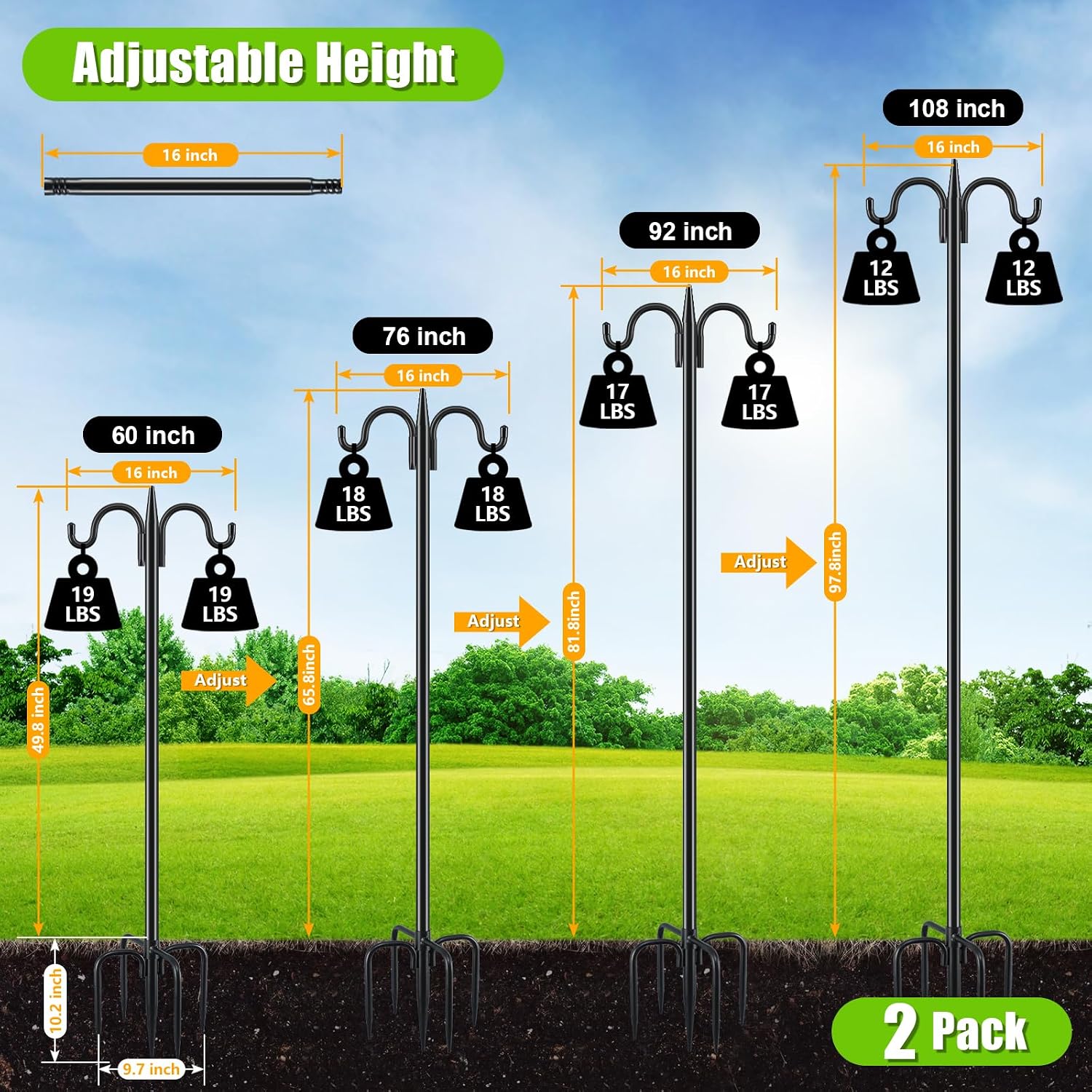 Thumbnail 1 de Gtongoko 92-Inch Double Shepherd’s Hook Bird Feeder Pole, 2-Pack, 5-Prong Base