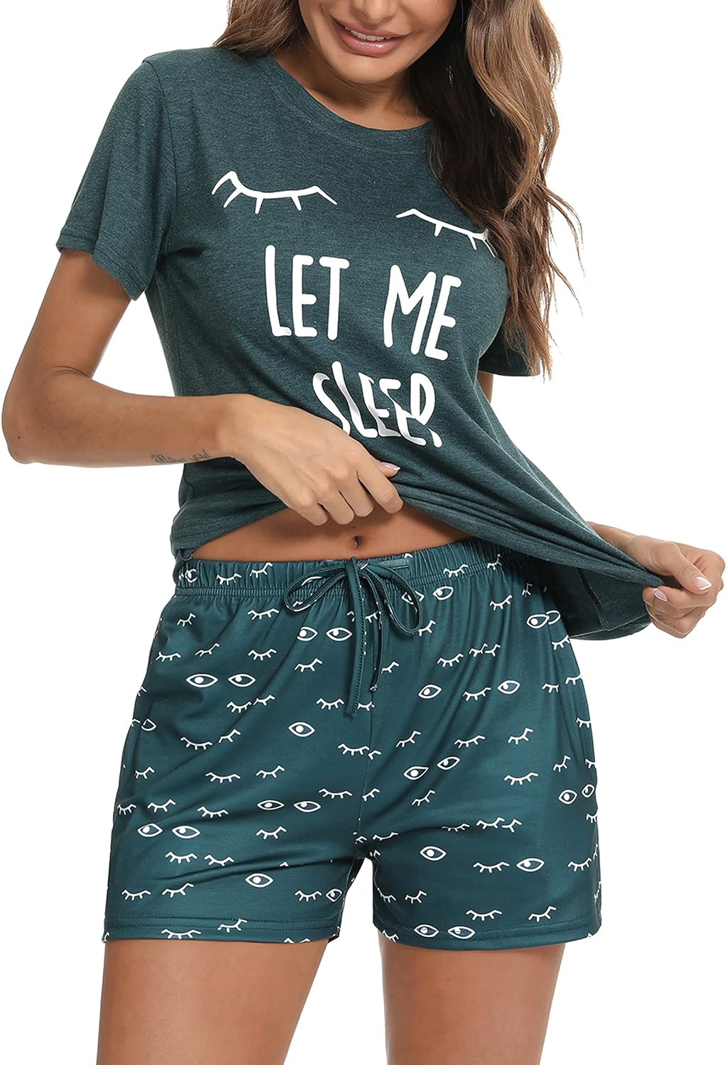 Detalle 2 de Uniexcosm Schlafanzug Damen – Kurz Baumwolle Zweiteiliger Pyjama-Set mit Druck