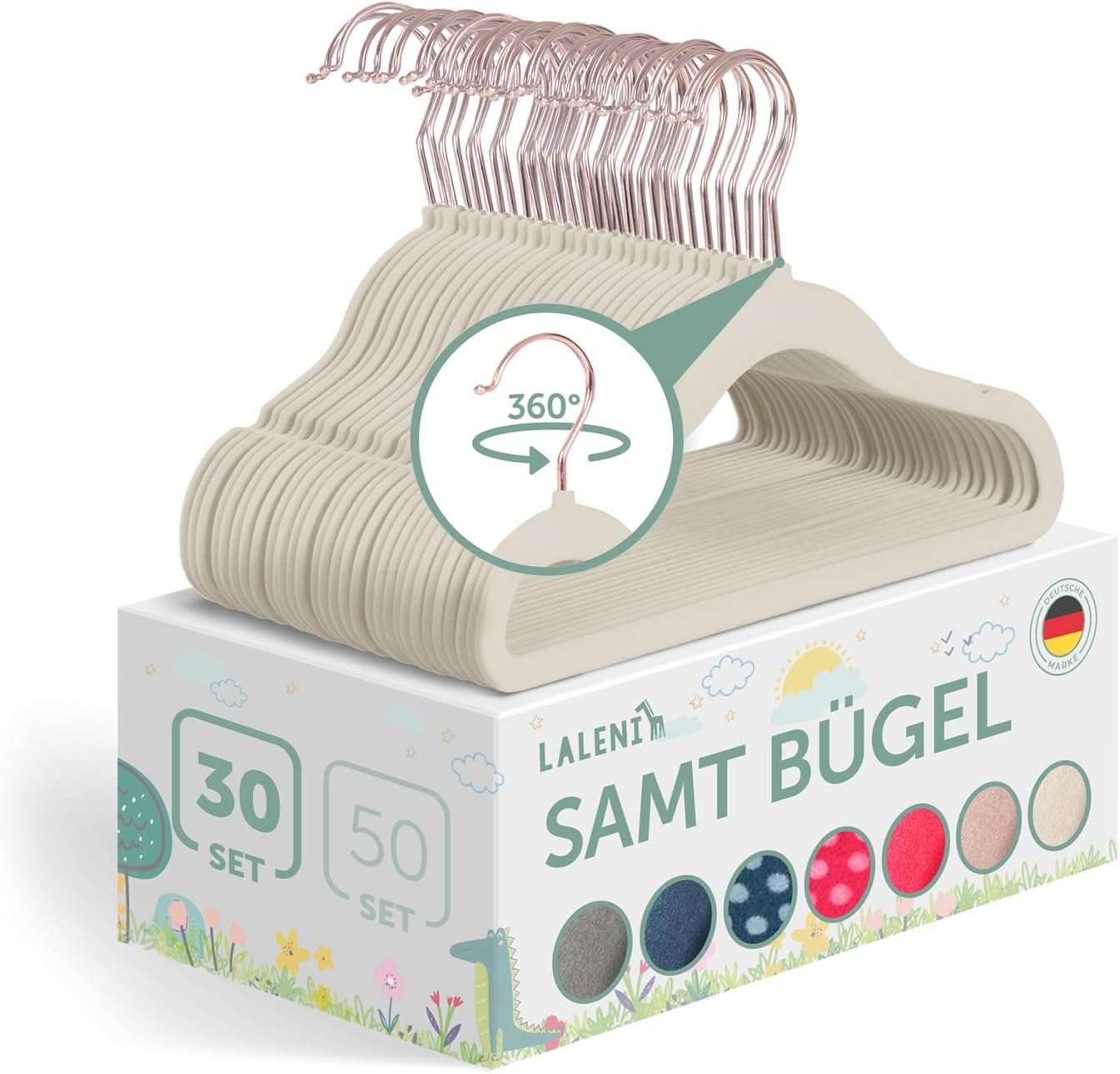 Detalle de Laleni Kinderkleiderbügel 30er-Set mit Samtbezug – 360° drehbar in Rosegold & Elfenbein