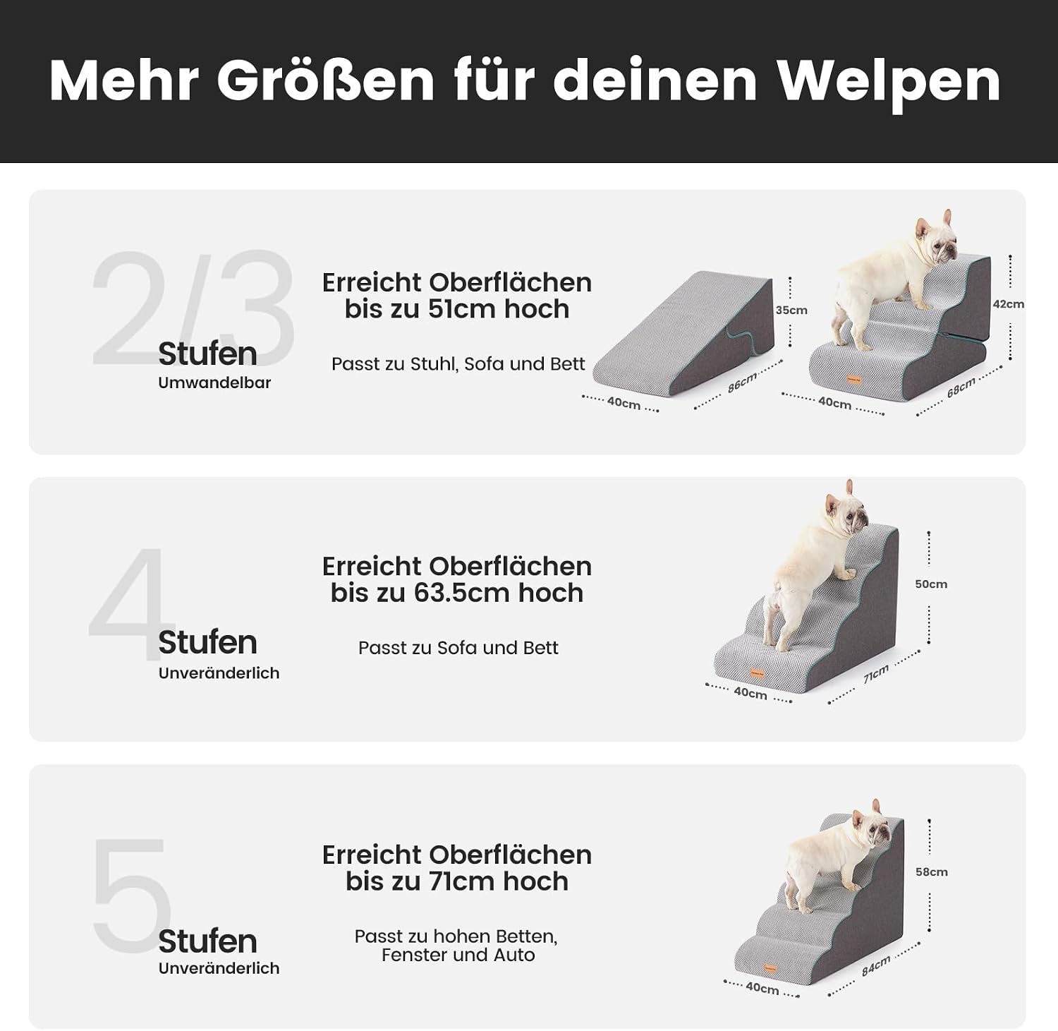 Detalle de Gardner Pet Hundetreppe für kleine Hunde (35/42 cm) mit 3 Stufen – rutschfeste Haustiertreppe aus hochdichtem Schaumstoff