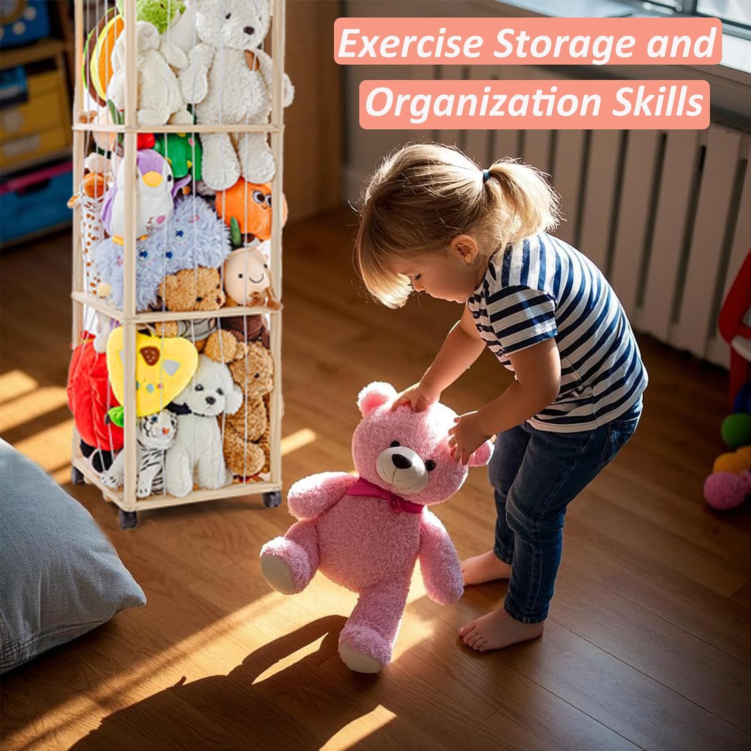 Thumbnail 6 de Holz Kuscheltier Aufbewahrung mit 360°-Bremse-Rädern (150 x 40 x 40 cm) – Plüschtiere Regal für Kinderzimmer