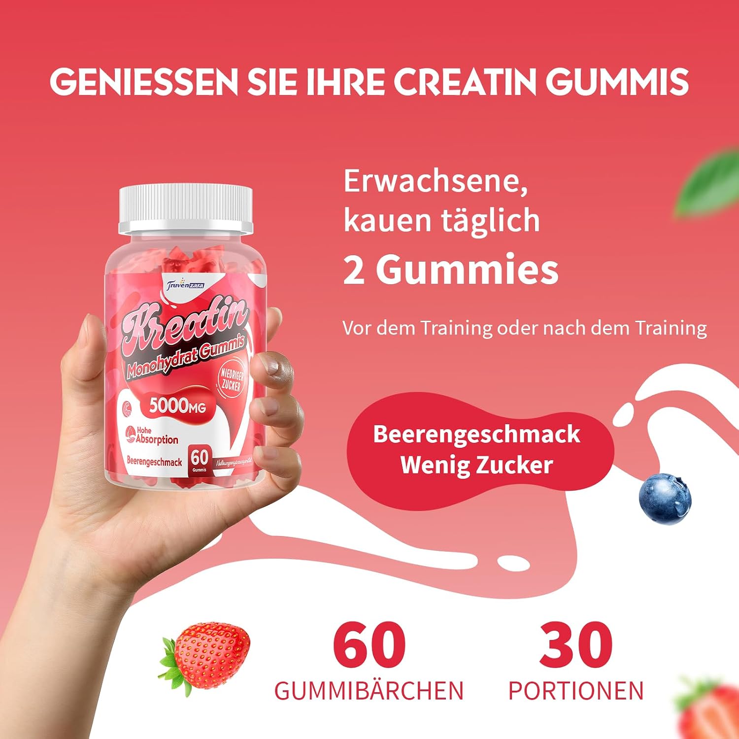 Detalle de Truvenzara Kreatin-Gummies Komplex 5000 mg pro Portio – 5-in-1-Formel, vegan, Beerengeschmack, 60 Stück (2er Pack)