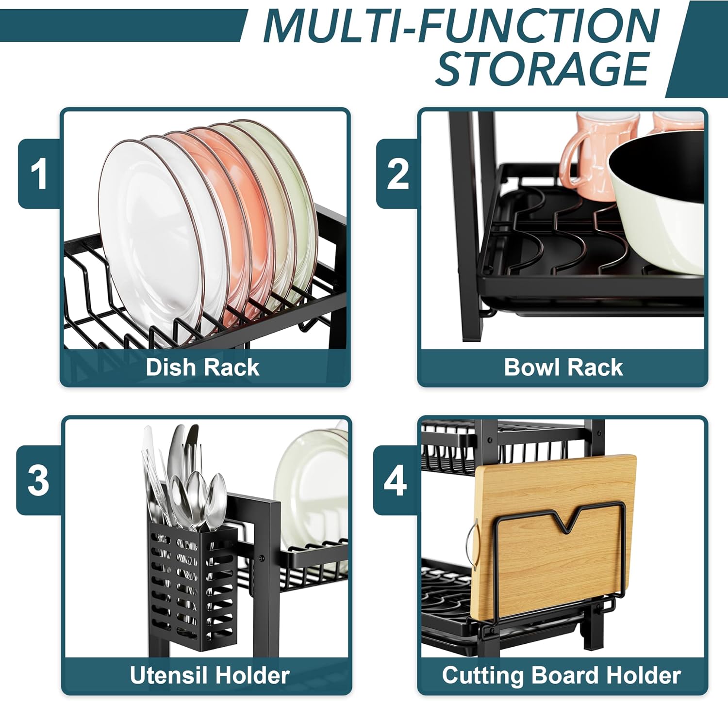 Thumbnail 4 de Black 2-Tier Dish Drainer with Utensil Holder and Drip Tray (43.5 x 24.5 x 34.5)