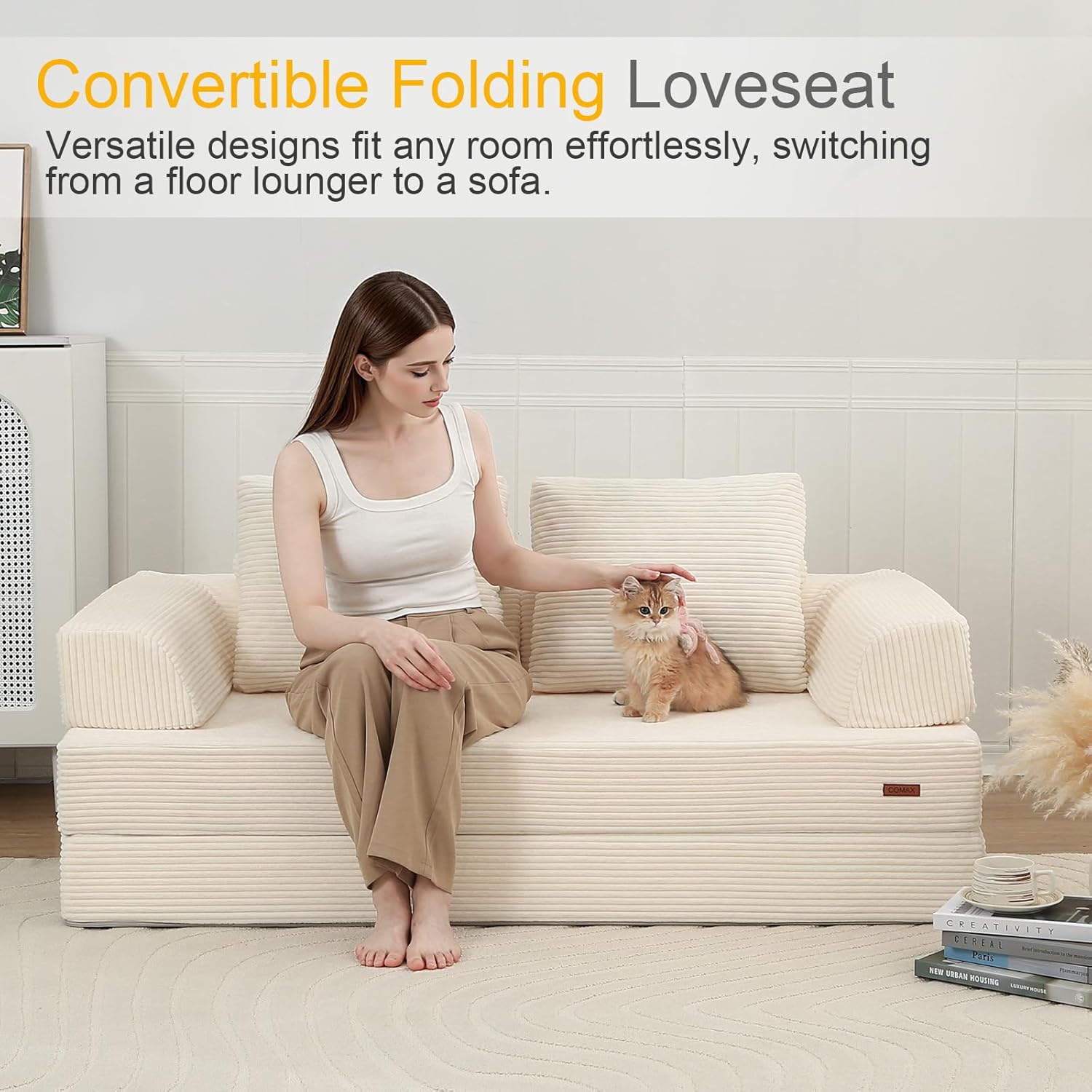 Detalle de COMAX Convertible Sofa Bed (Corduroy Beige) – Folding Floor Couch Bed Futon Sleeper w/ Pillows