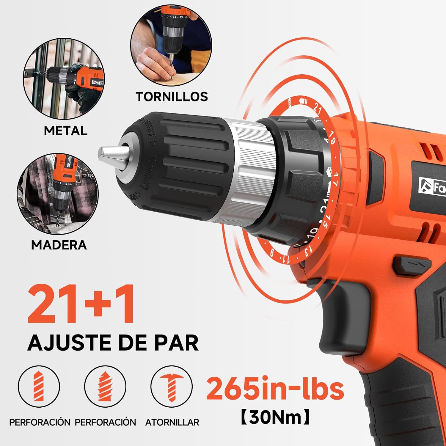 Thumbnail 3 de FADAKWALT Akku-Bohrschrauber 20V – 30 Nm, 2-Gang, 60-tlg Zubehörset, 2000 mAh, LED, Orange