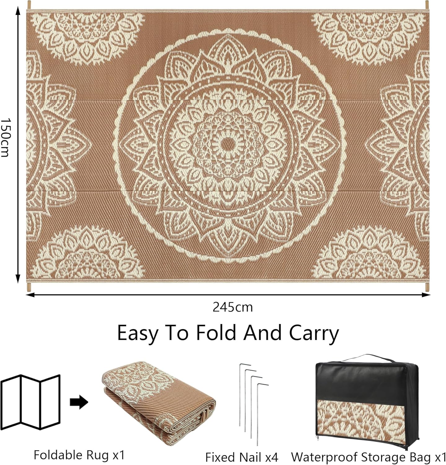Thumbnail 1 de Famibay Outdoor Rugs Plastic Straw Waterproof Patio Rug (150 x 245 cm) – Reversible UV Resistant Indoor Outdoor Mat, Brown Beige