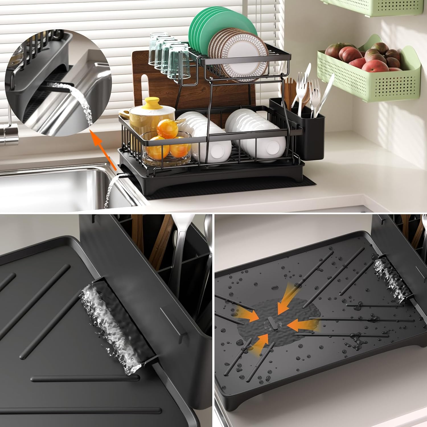 Thumbnail 5 de Godboat 2-Tier Dish Drying Rack with Auto-Drain Tray and Mat (Kitchen Counter Dish Drainer)