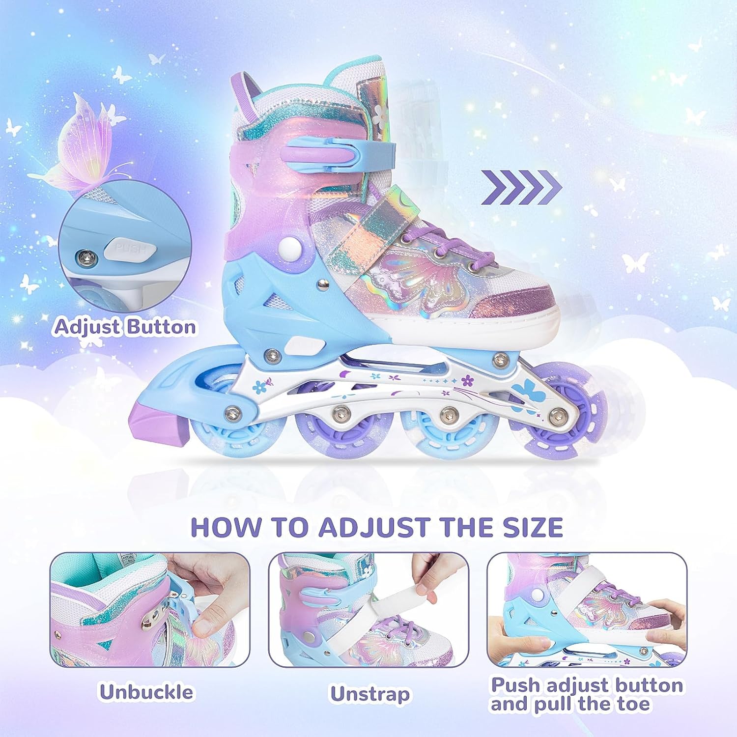 Thumbnail 4 de Nattork Kids Inline Skates: 4-Size Adjustable Butterfly Design with Light-Up Wheels