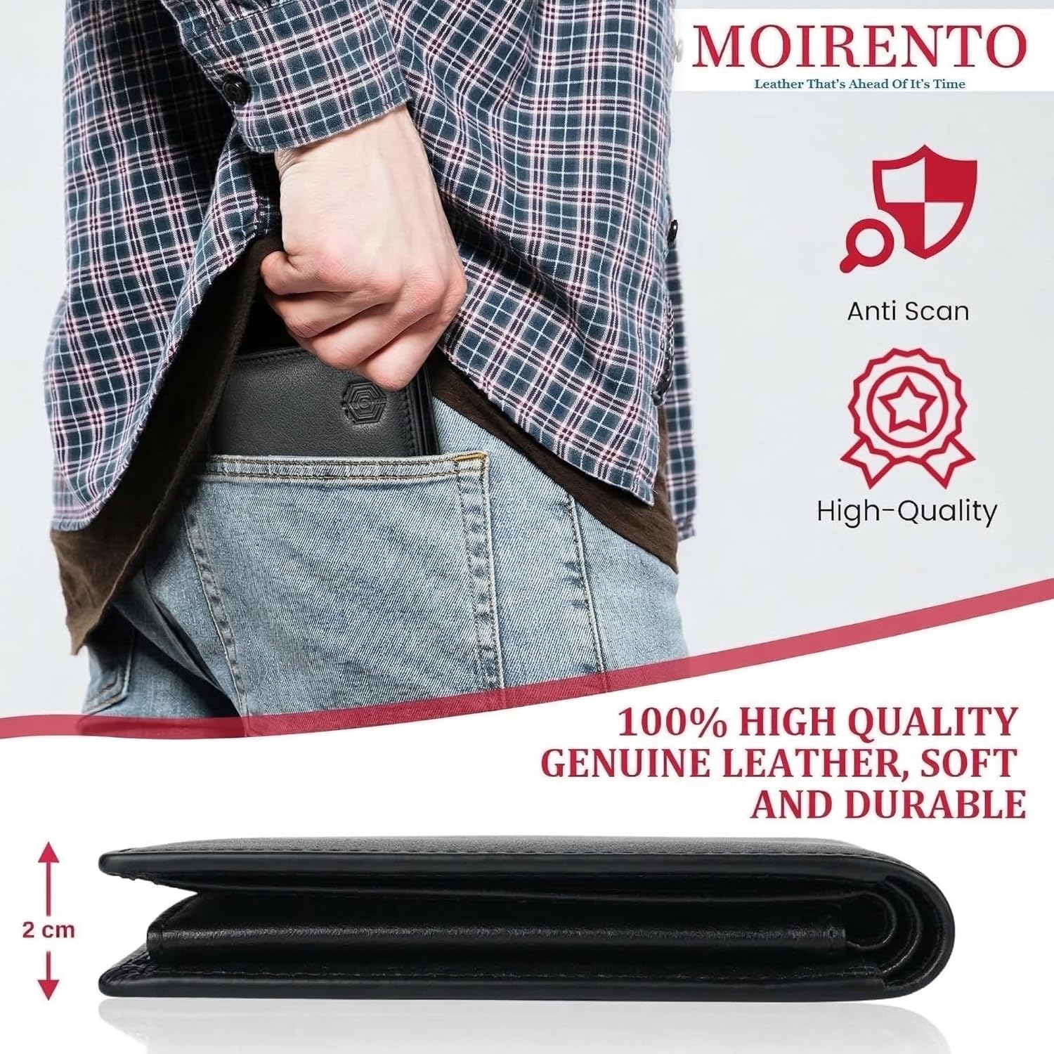 Detalle de MOIRENTO Mens Black Leather Passcase Wallet - RFID Blocking Card Holder with Flip-Up ID Window