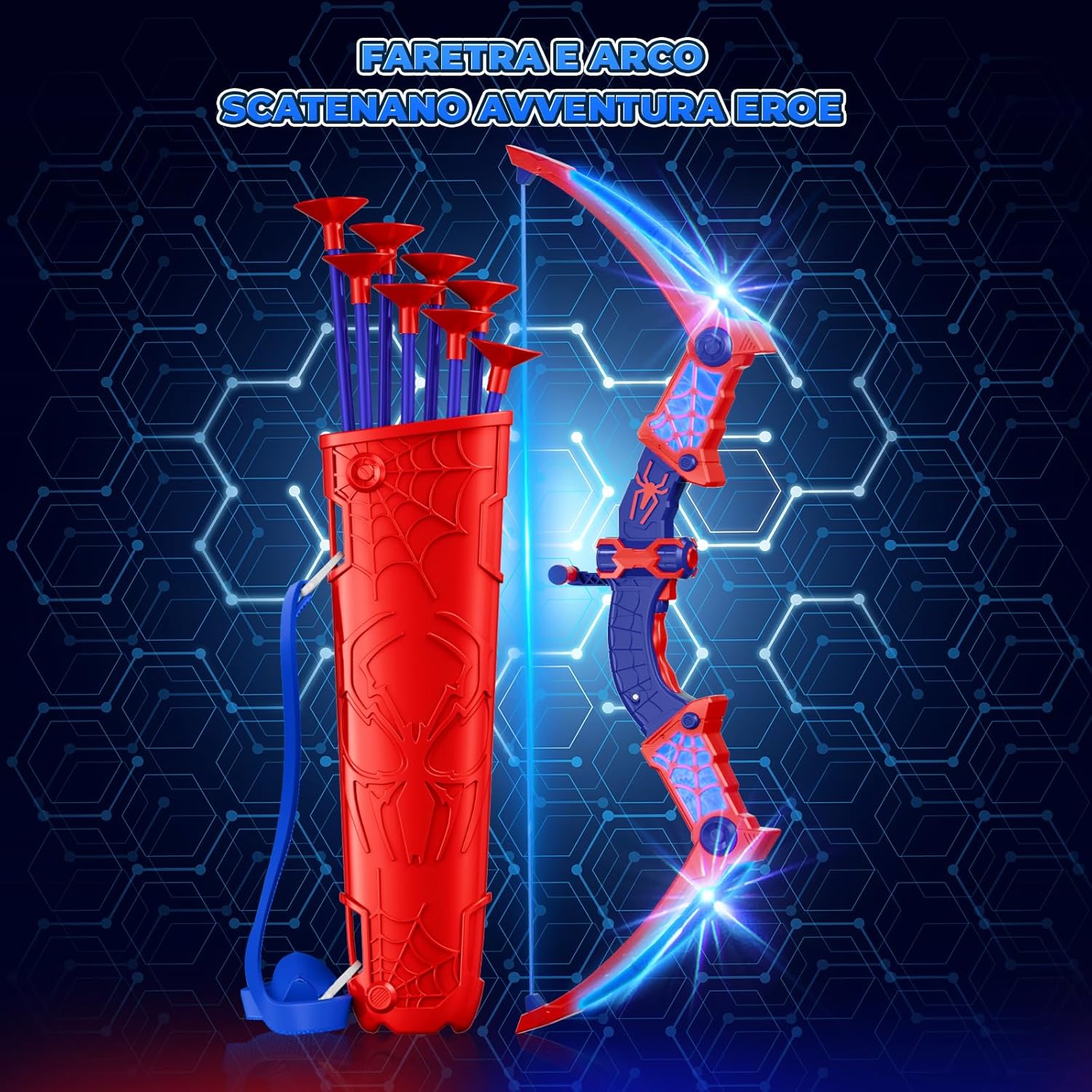 Thumbnail 5 de Set arco e frecce a ventosa con luci LED rosse e blu – Zainetto supercool e bersaglio doppio per bambini 3-12 anni