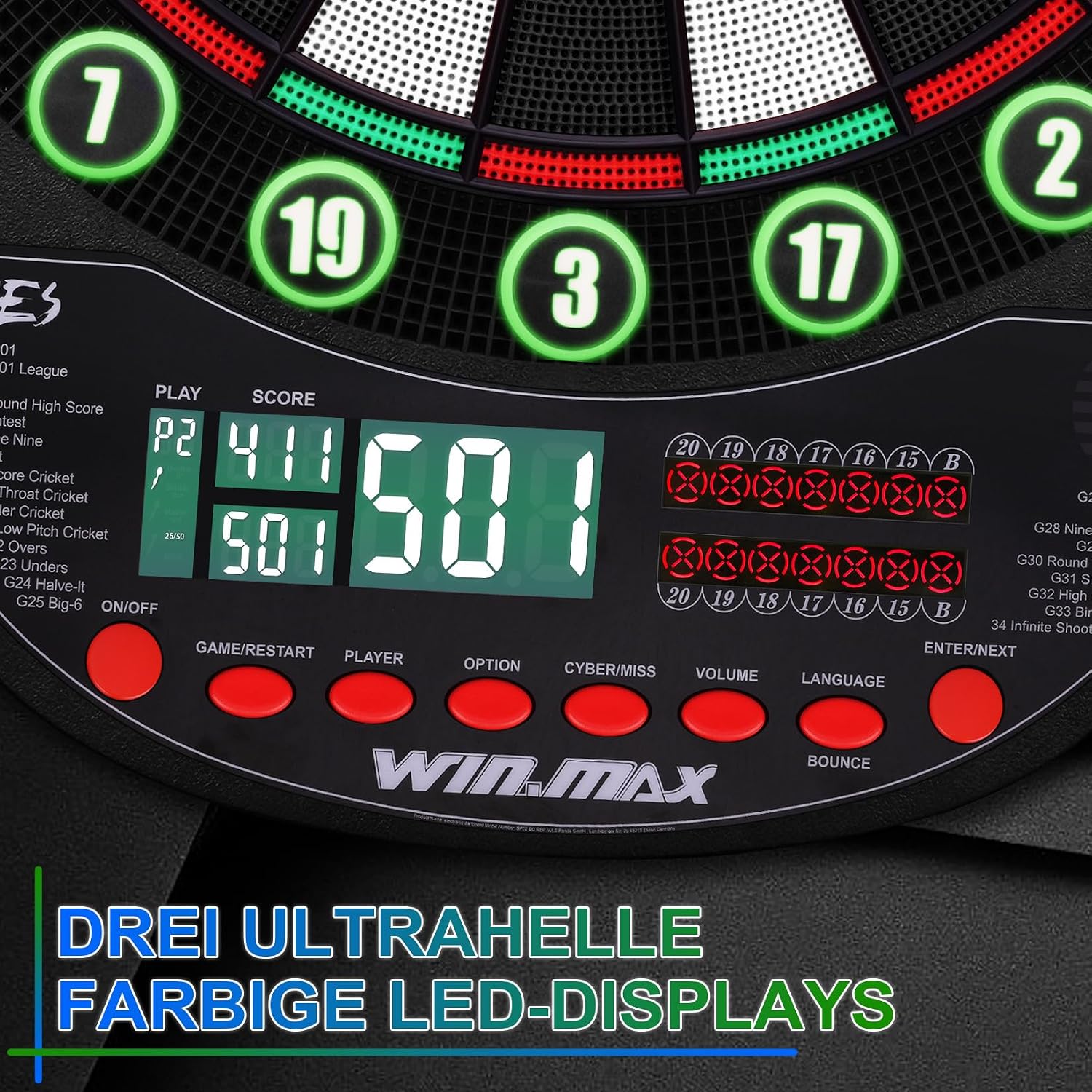 Thumbnail 1 de WIN.MAX Elektronische Dartscheibe Profi Set – 34 Games mit 354 Varianten, 3 Sprachen (DE/EN/FR) und Platz für 12 Darts