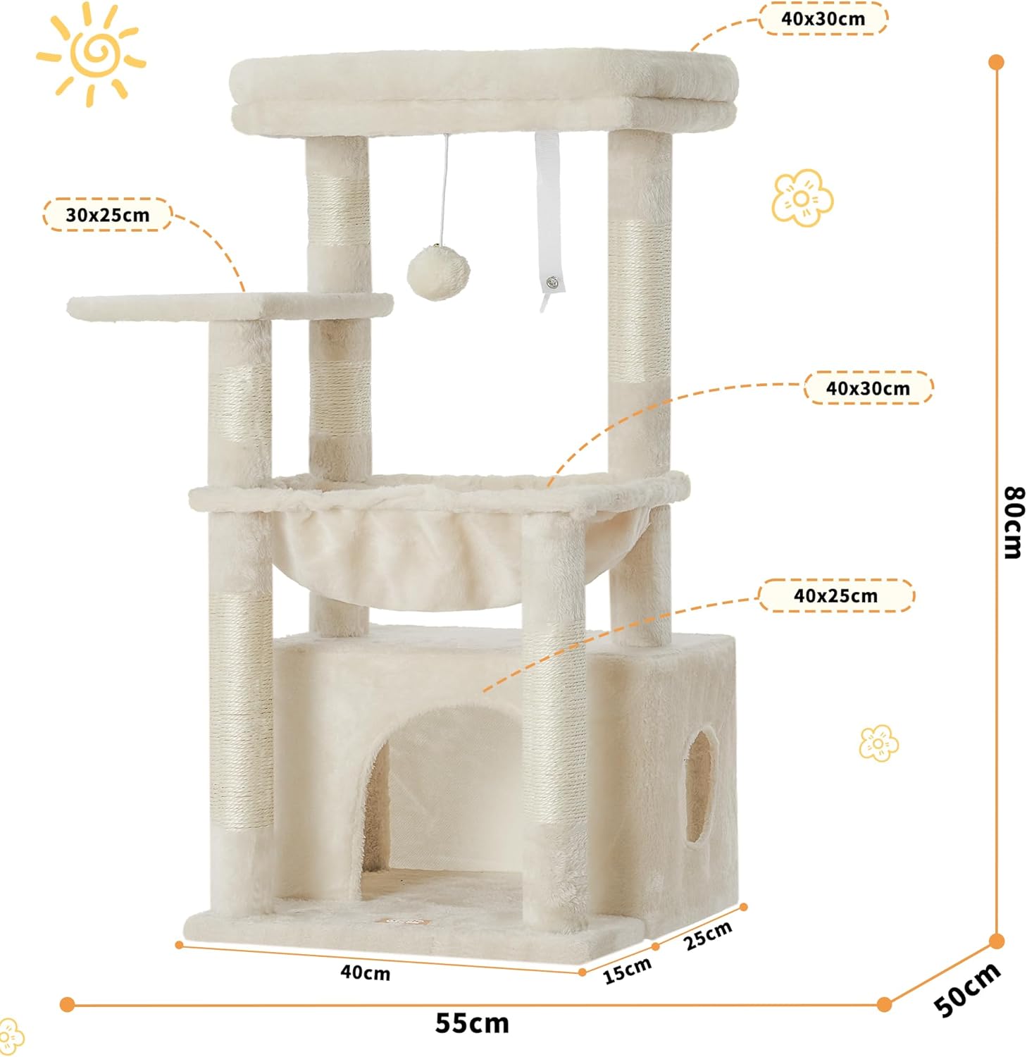 Thumbnail 5 de Heybly Cat Tree HCT008SM, 80cm Kitten Tower with Large Soft Basket, Scratching Posts & Hidden Cave Bed