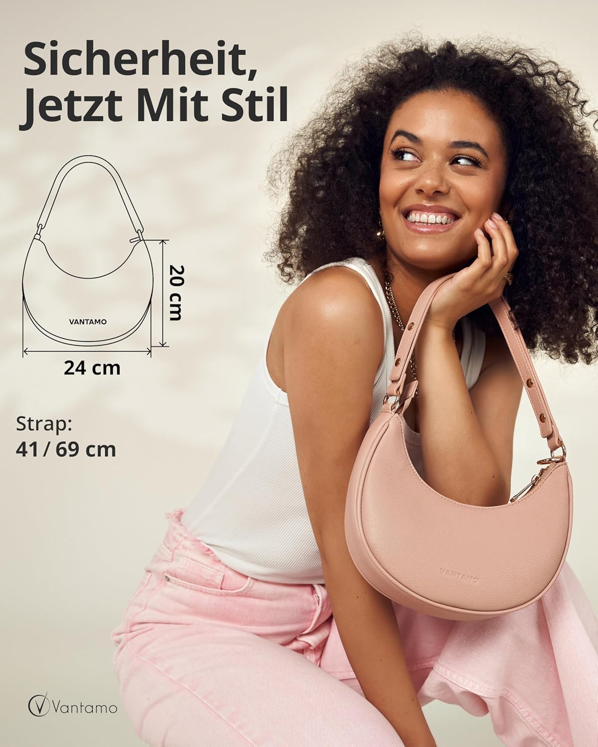 Detalle de Halbmondtasche für Damen – Halbmondtasche aus veganem Leder mit RFID-Schutz und verstellbarem Schultergurt