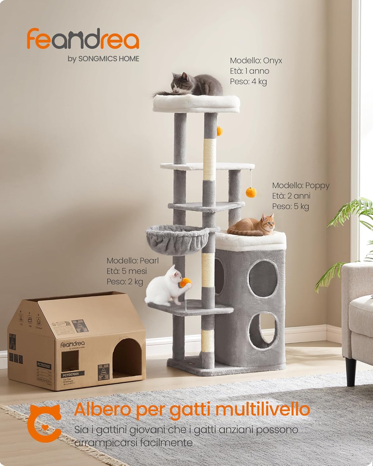 Detalle de Feandrea Albero per Gatti Alto 152 cm – Tiragraffi multi-livelli grigio tortora (PCT007G01)