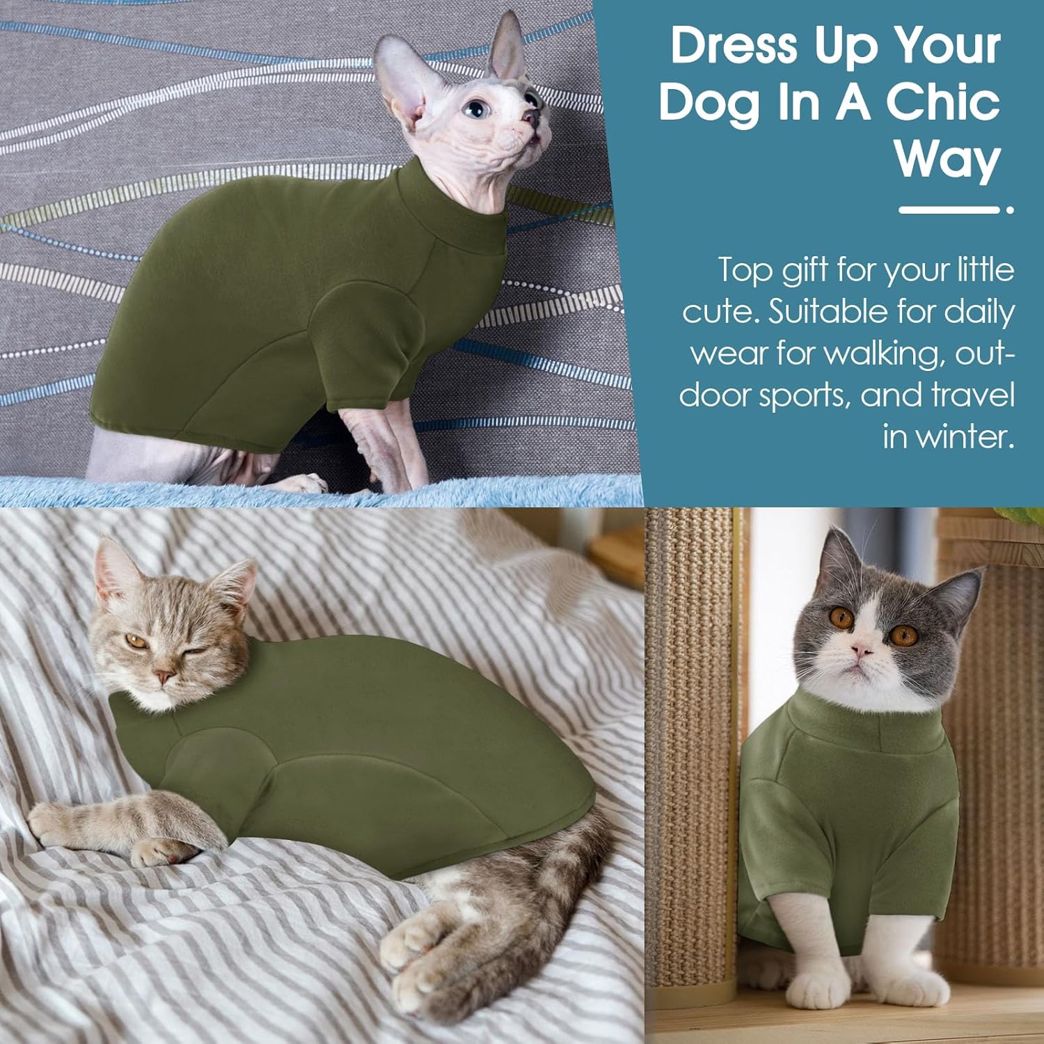 Thumbnail 4 de AOFITEE Turtleneck Jumper for Cats (Soft Sphynx Cats Shirt) – Warm fleece long-sleeve jumper, Army Green, XL