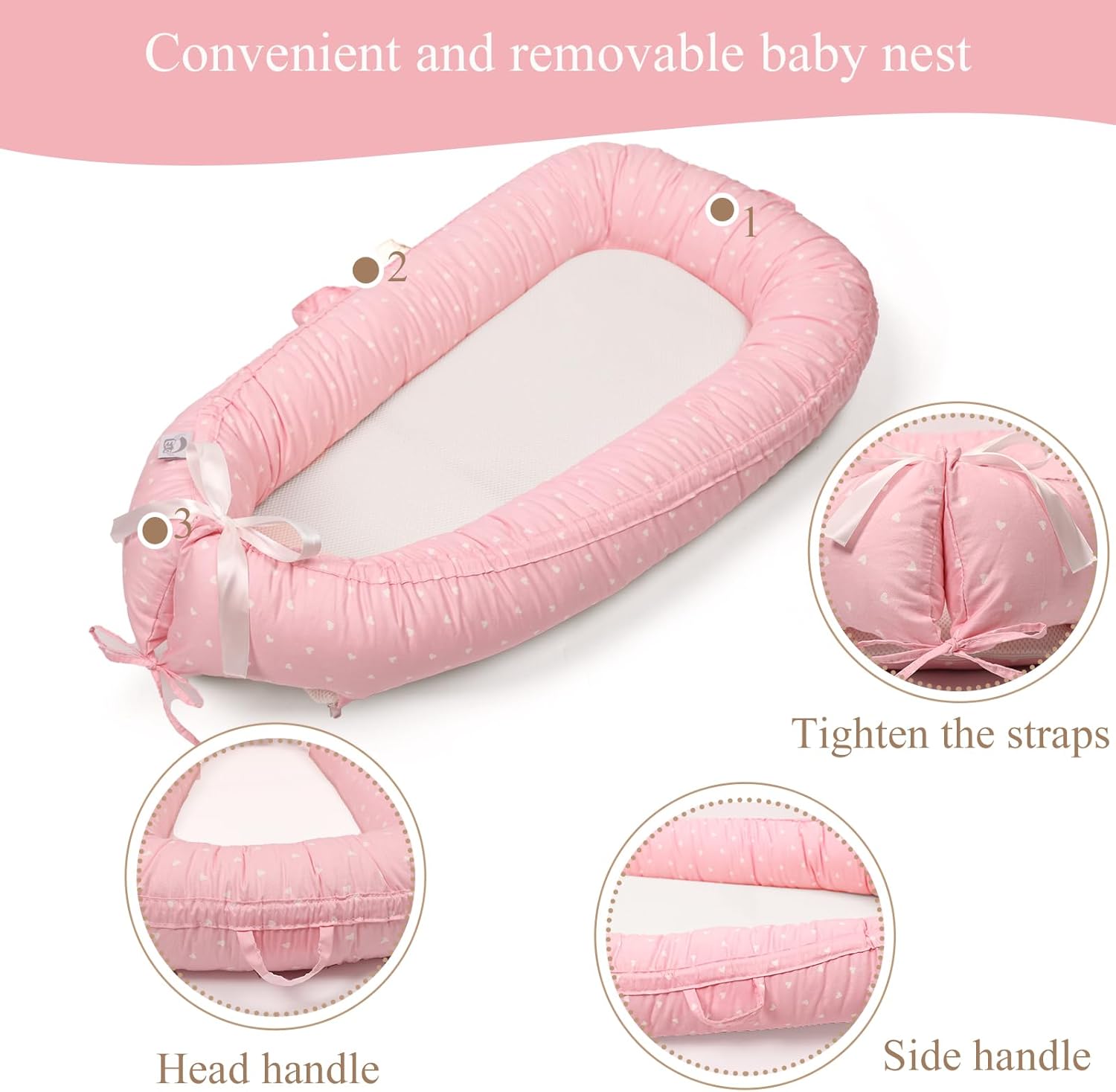 Thumbnail 6 de EAQ Baby Nest Pod Girl – Soft breathable 100% cotton sleep pod for napping or travel (Pink)