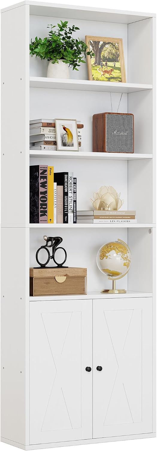 Detalle de Shintenchi MSG002 Bookshelf, 6-Tier White Bookcase with Doors