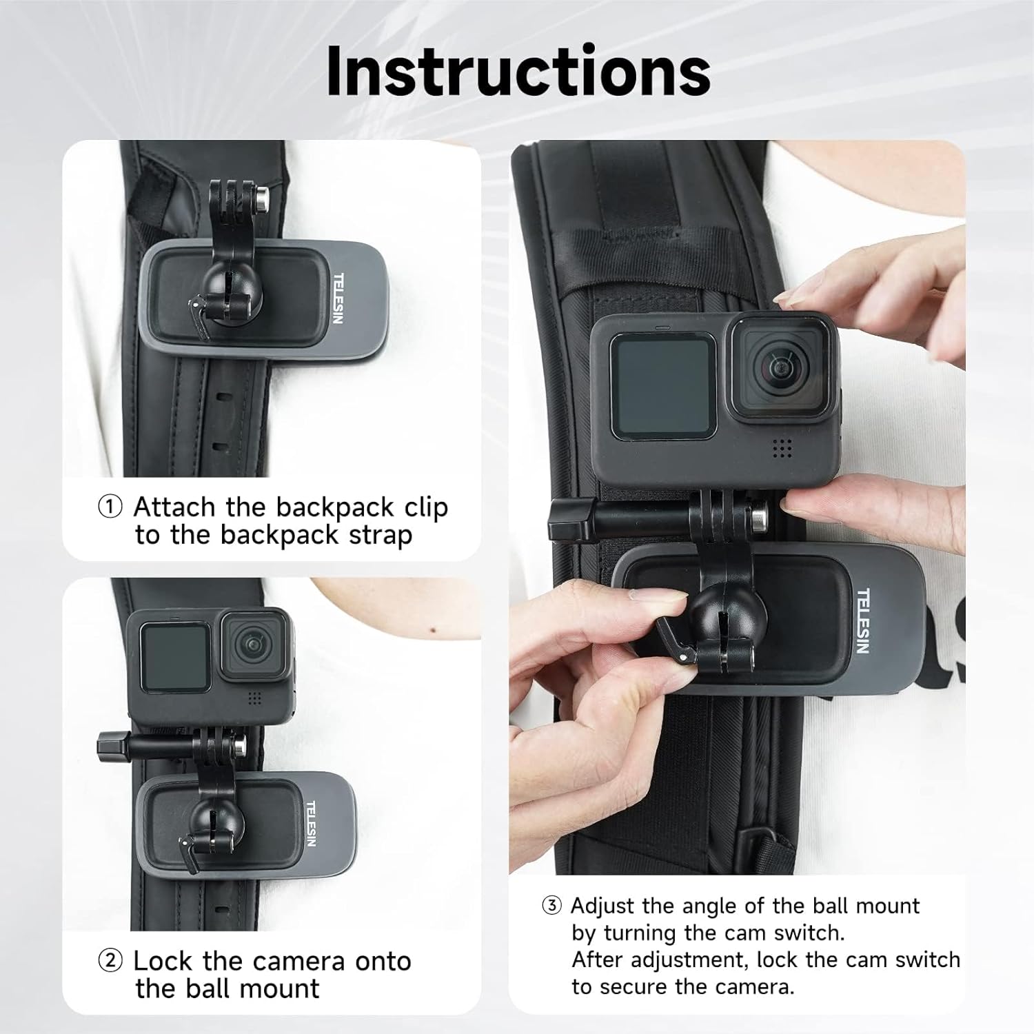 Detalle de TELESIN Backpack Shoulder Strap Clip Mount for GoPro & Insta360 — 360° Rotation and Quick Release Clamp