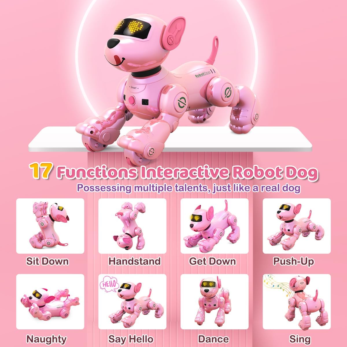Detalle de VATOS Chien Robot Rechargeable pour Enfants – Chien Robotisé Télécommandé, 17 Fonctions Interactives, Rose