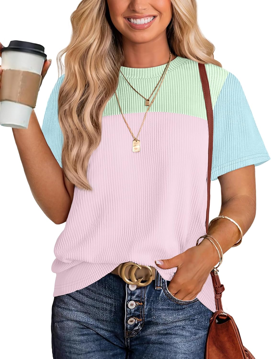 Detalle de WIHOLL Women’s Color Block Short Sleeve Crewneck Knit Shirt (Spring/Summer)