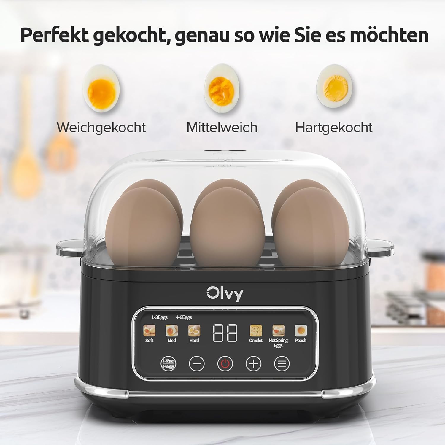 Thumbnail 2 de Olvy automatischer Eierkocher für 6 Eier (6-in-1) mit LCD-Timer und Dampfgarer