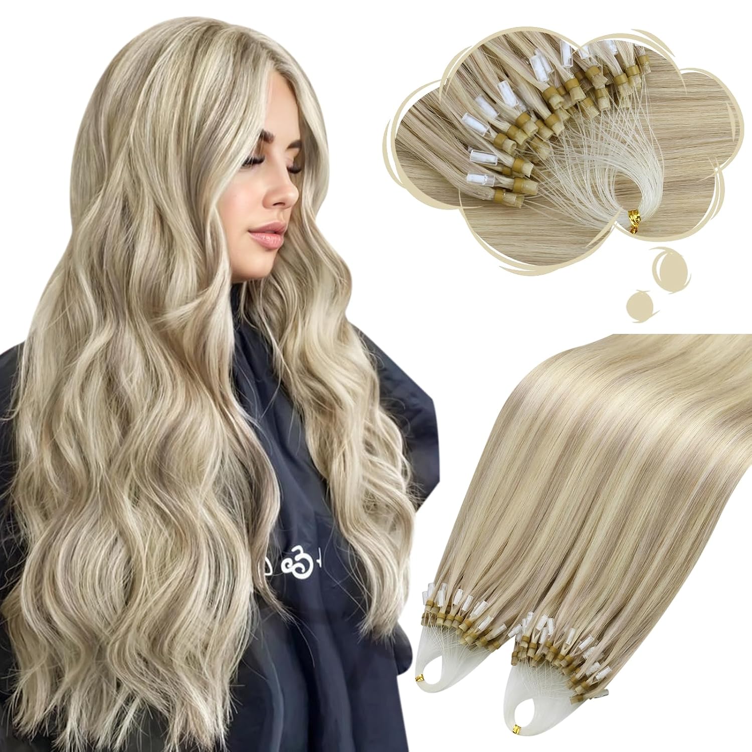 Detalle de Moresoo Microlink Hair Extensions Human Hair, Ash Blonde Highlight (24Inch) – 50g, 50 Strands
