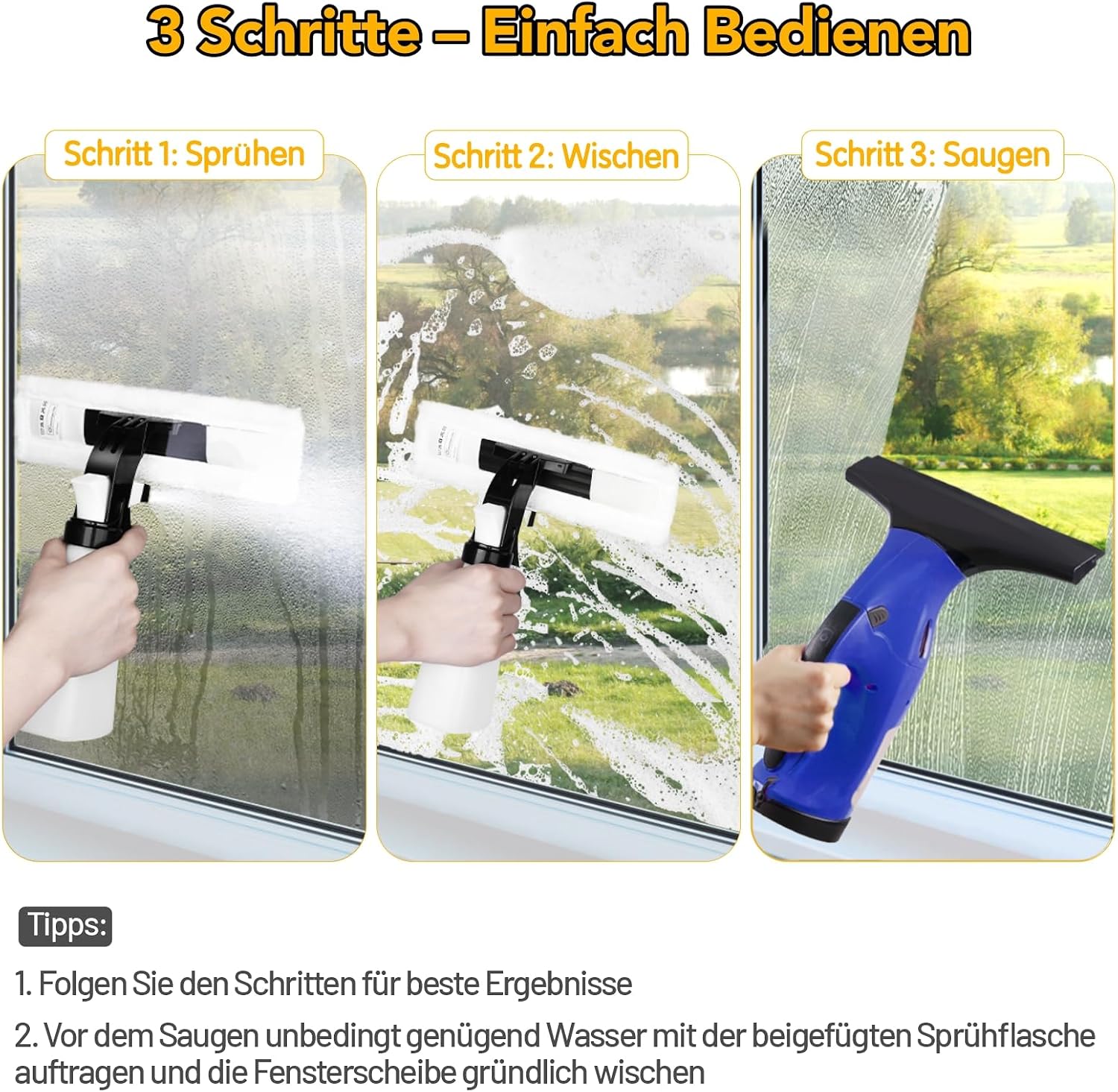 Detalle de Fenstersauger BL – kabelloser Fensterreiniger mit 28 cm & 17 cm Düsen, 40 Min Laufzeit, 270 ml Tank