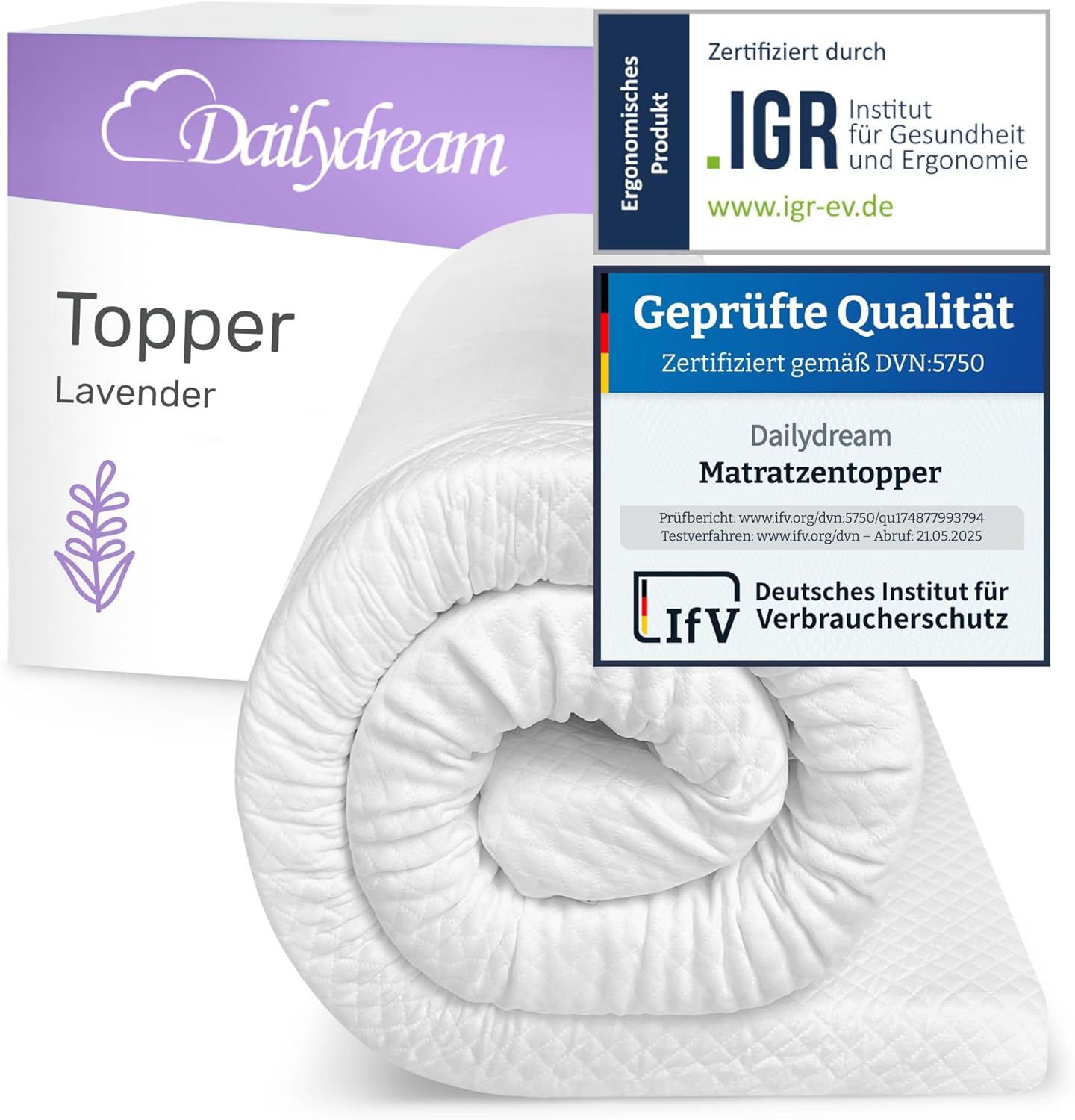 Dailydream Topper Singolo 90x190 cm Memory Foam – Edition Lavender, 5 cm