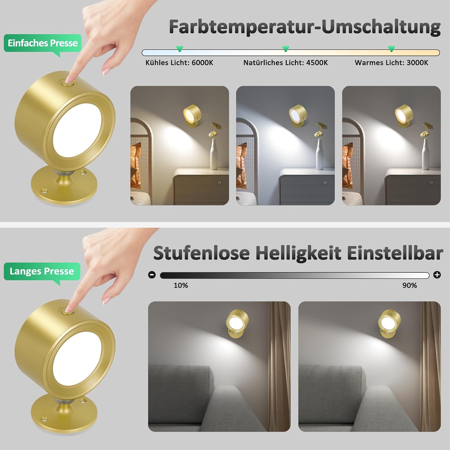 Detalle de Lightbiz LED-Wandleuchte Innen (2er-Set) mit Akku & Fernbedienung – 3 Farbmodi, dimmbar