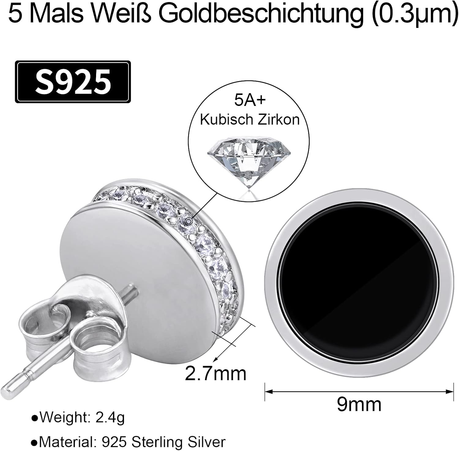 Detalle de VEXXS Ohrringe Herren Silber 925 – Gold/Weißgold Beschichtung, 5A Zirkonia