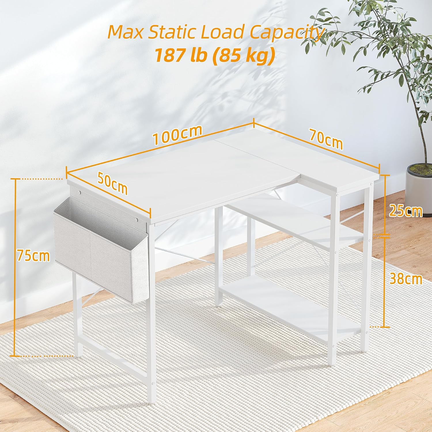 Detalle de BEXEVUE L Shaped Corner Desk – 100x70 cm: Space-Saving, Reversible Shelving for Study, Work and Gaming