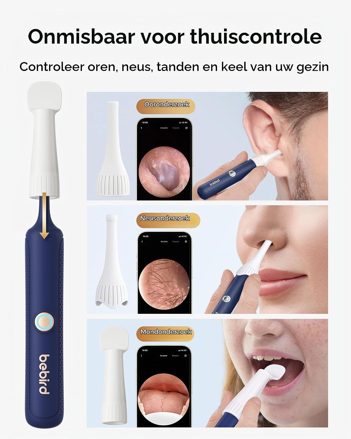 Detalle de BEBIRD R37R otoscoop met 1920p HD-camera en flexibele oorreiniger
