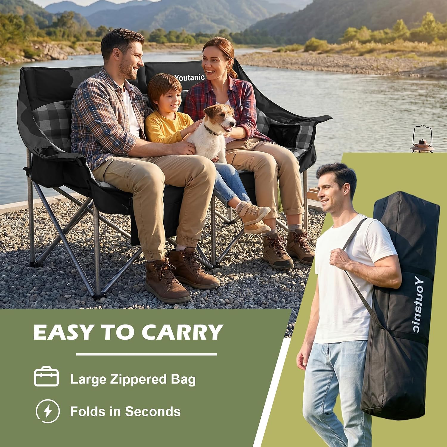 Detalle de Youtanic Oversized Double Camping Chair (Folding Loveseat) with Cup Holder, Pockets & Carry Bag, Black