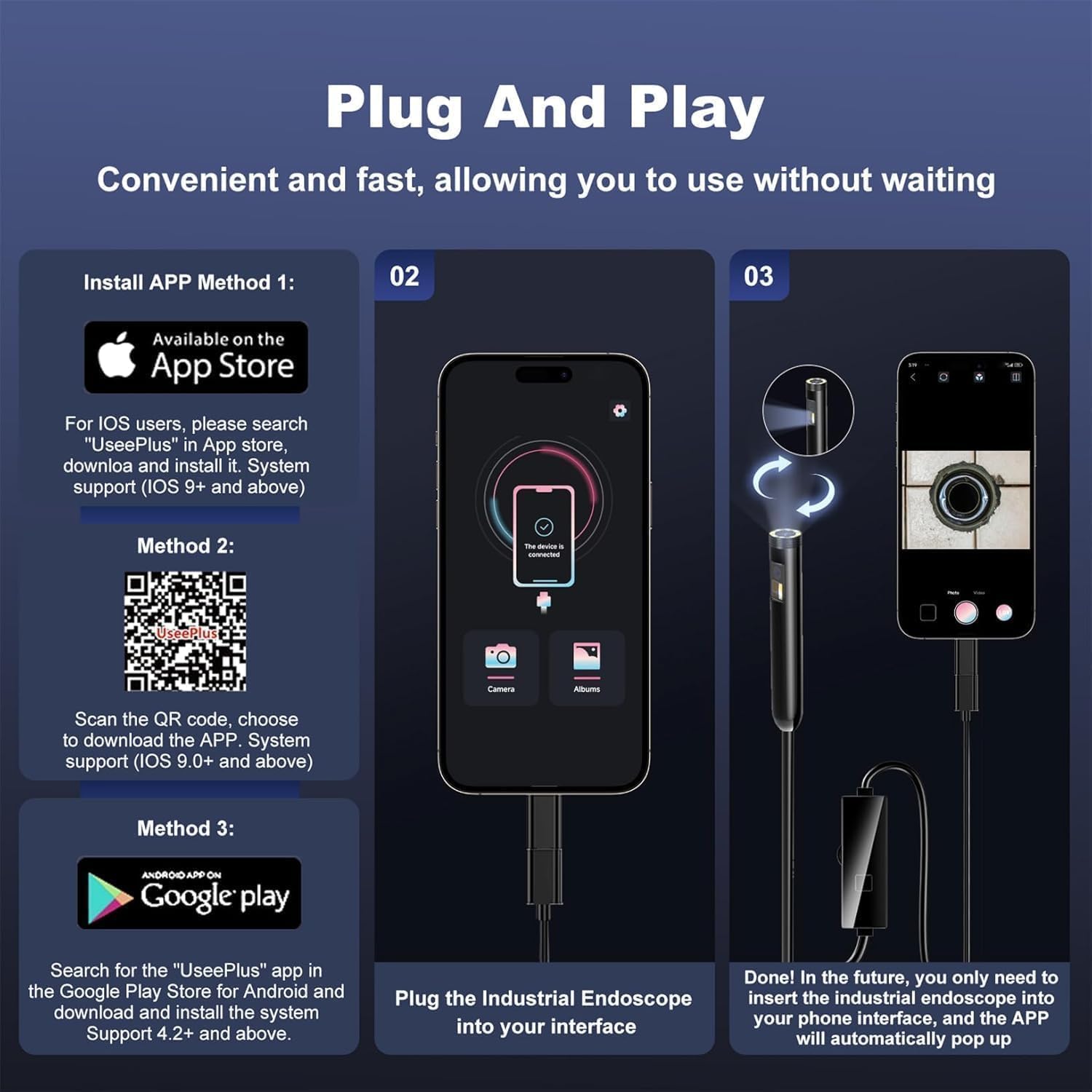 Detalle de Dual-Lens Endoscope Inspection Camera with Lights (1920P HD) and Semi-Rigid Snake Lens – UseePlus-style app support
