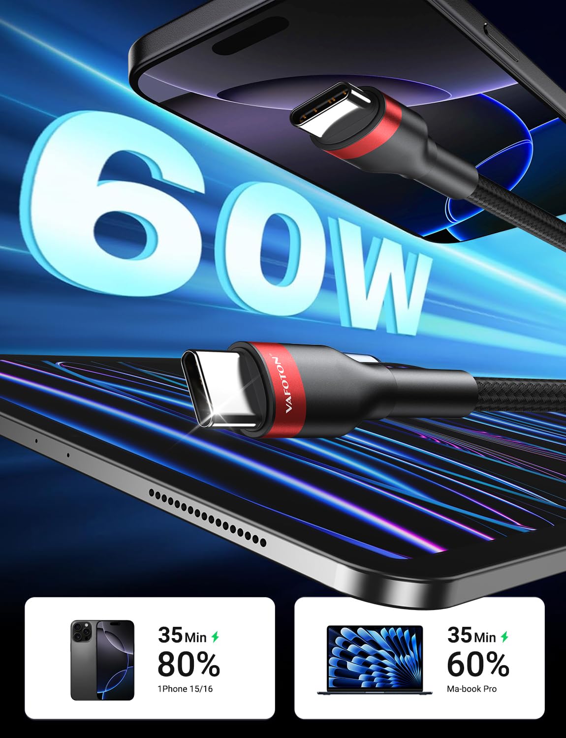 Thumbnail 2 de PD 60W Short USB C Cable 6in pack