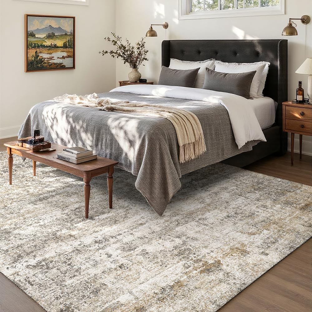 Detalle de Area Rug 8x10 Washable Rug in Grey and Beige — Non-Slip, Low-Pile Vintage Print for Living Room, Dining, and Bedroom