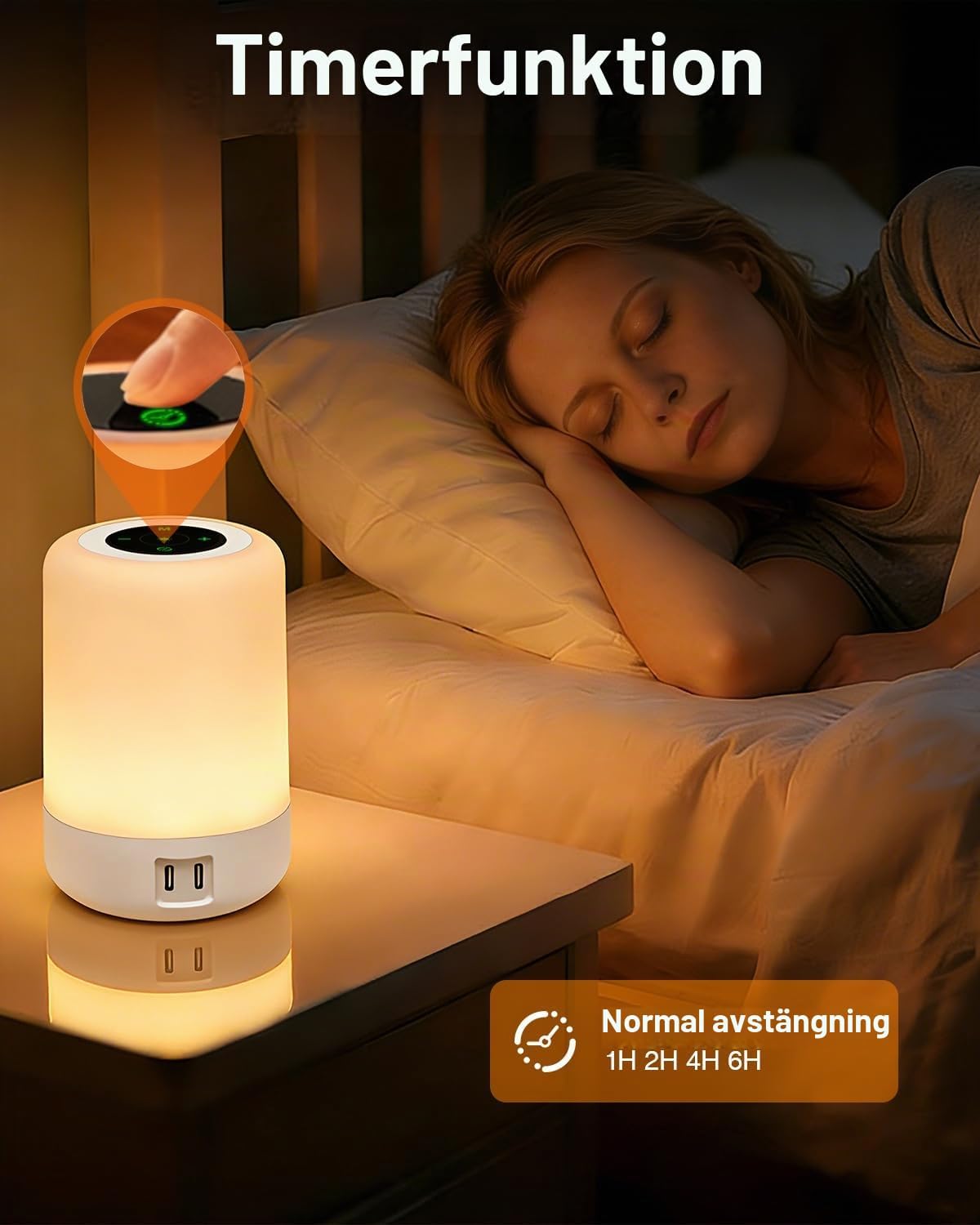 Detalle de salipt S400 sänglampa med touchstyrning, dimbart RGB-ljus och fyra USB-portar