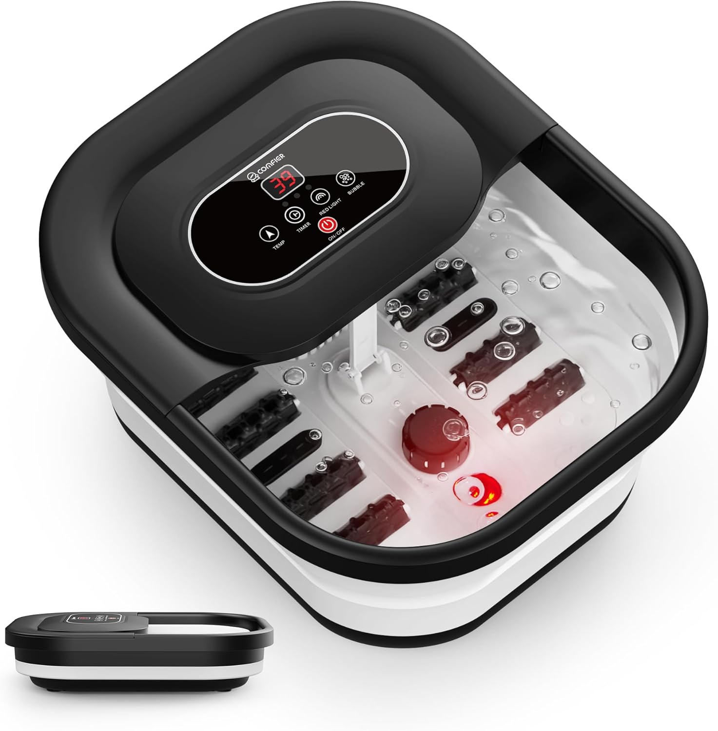 Detalle de COMFIER Fußbad Massagegerät mit Heizung – Faltbar, 35–48°C, Blasenmassage, Timer, Bimsstein