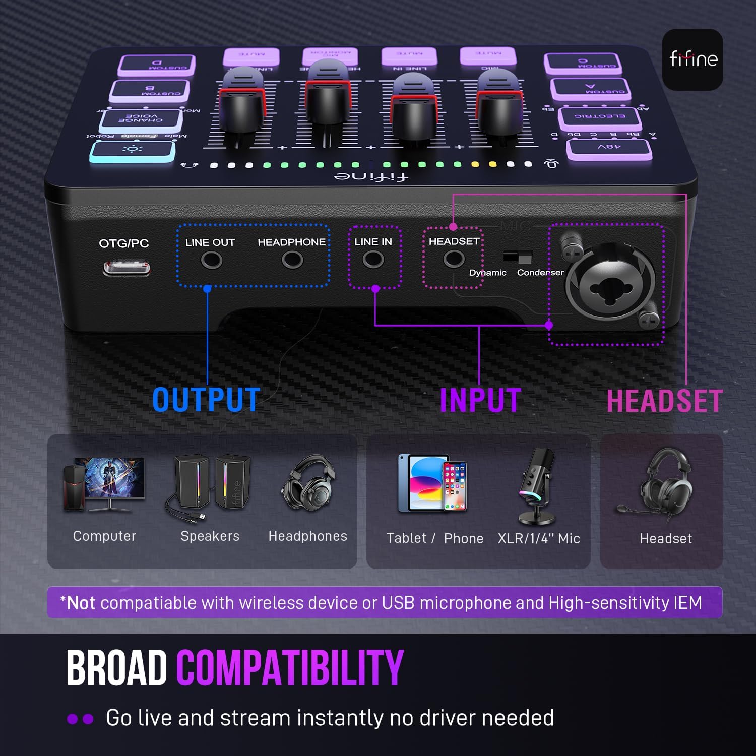 Detalle de FIFINE SC3 4-Channel RGB Gaming Audio Mixer with XLR Input and 48V Phantom Power