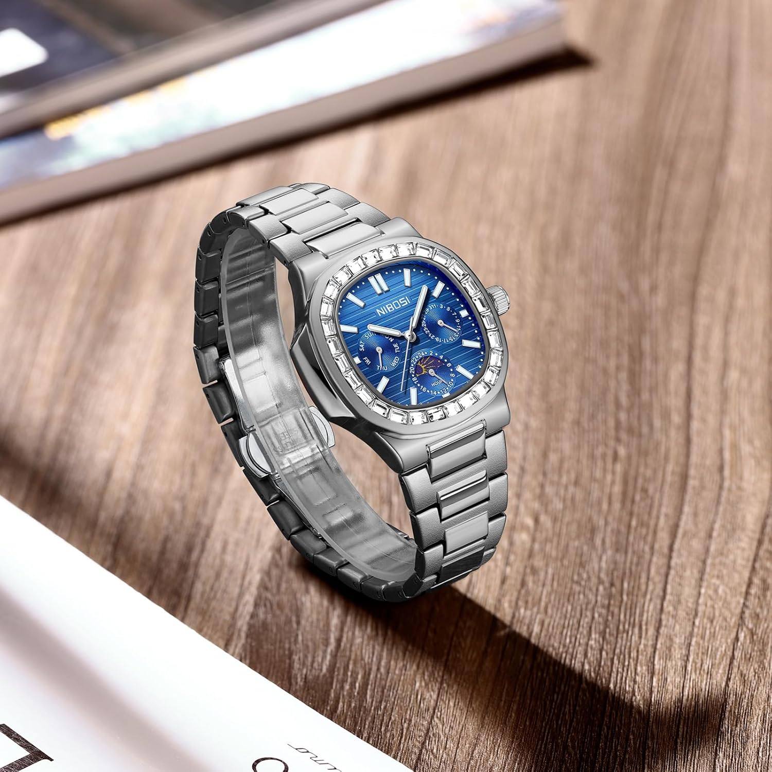 Detalle de NIBOSI Herren Analoge Quarzuhr mit Chronograph, Mondphase und Diamantlünette – Edelstahl, Roségold/Silber