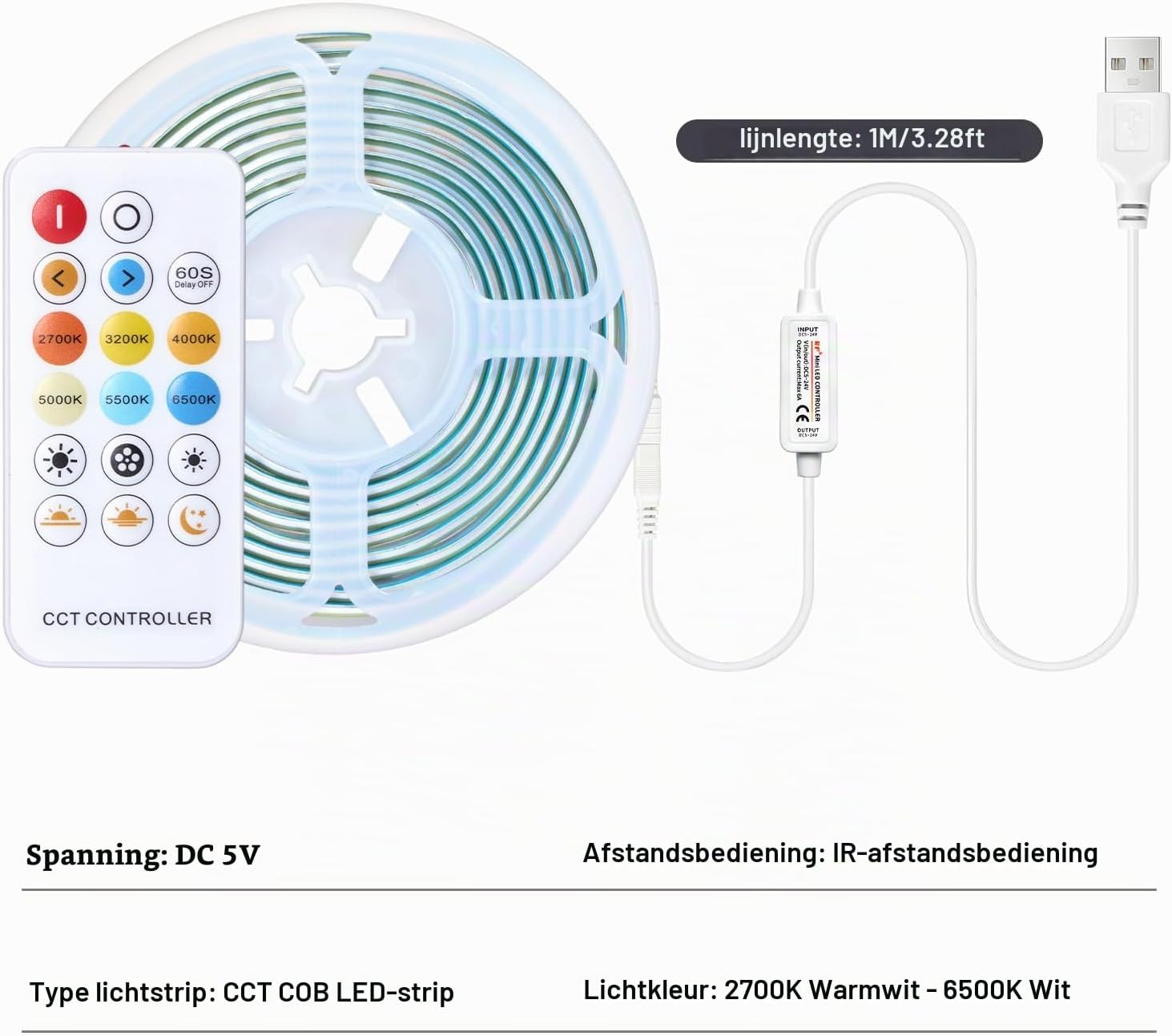 Thumbnail 2 de LRGBST 260624 COB-ledstrip van 3 m, dimbaar en instelbaar van 2700K tot 6500K