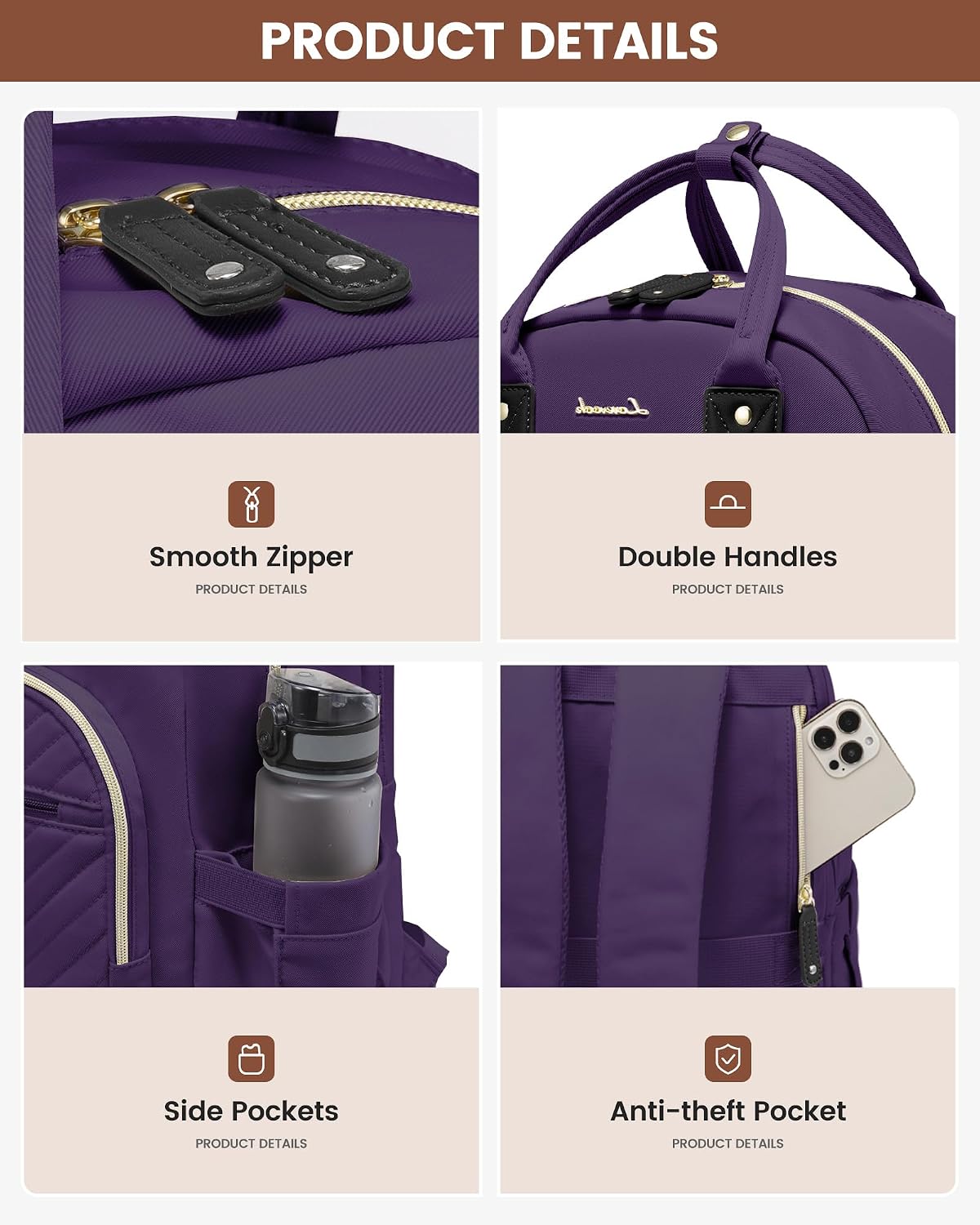 Detalle de LOVEVOOK Women’s Backpack for 15.6-inch Laptops (Purple) – Anti-theft Travel & Work Rucksack