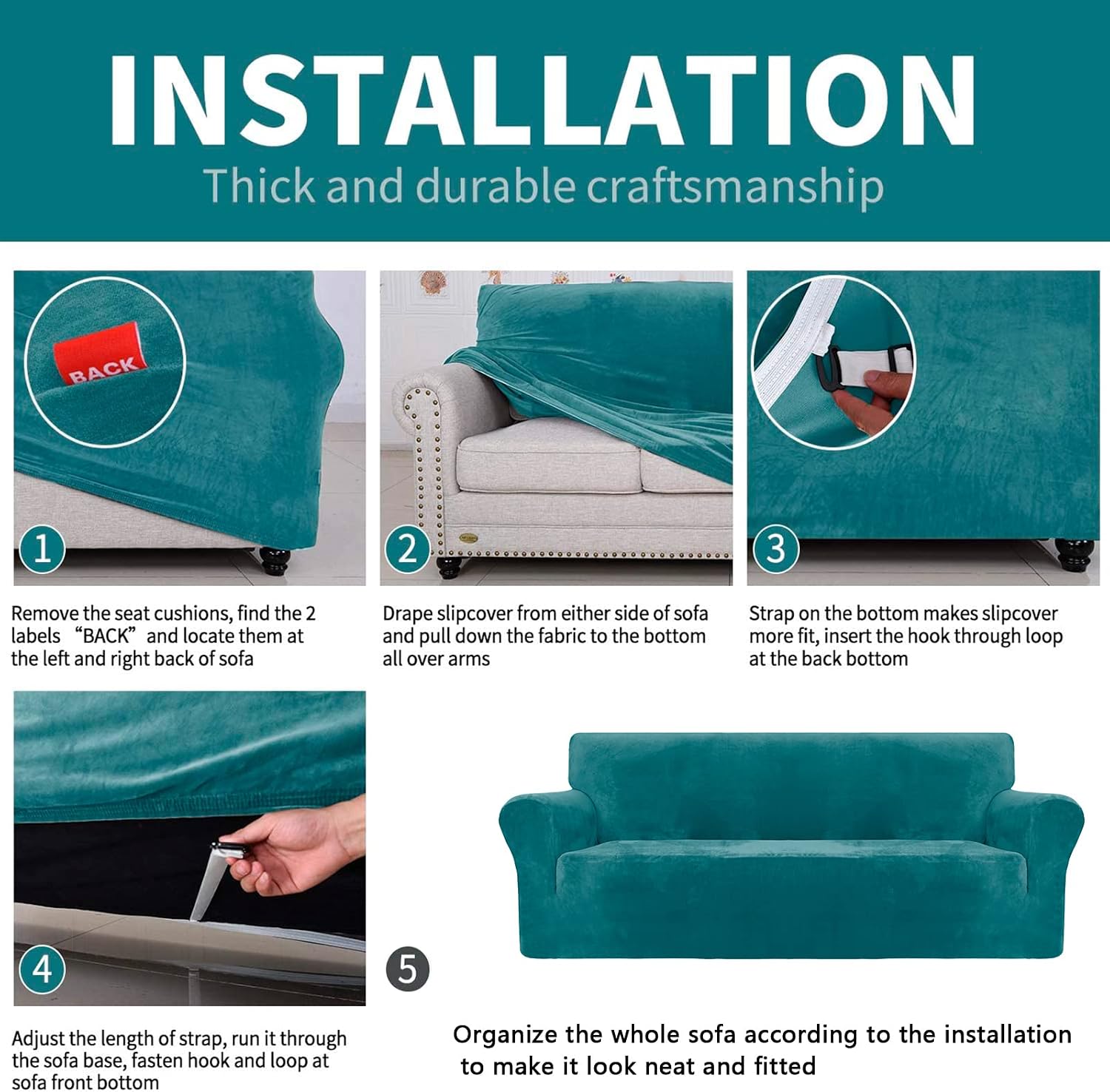 Thumbnail 4 de CHELZEN Velvet Couch Covers 3 Seater: Thick Stretch Slipcover in Peacock Blue