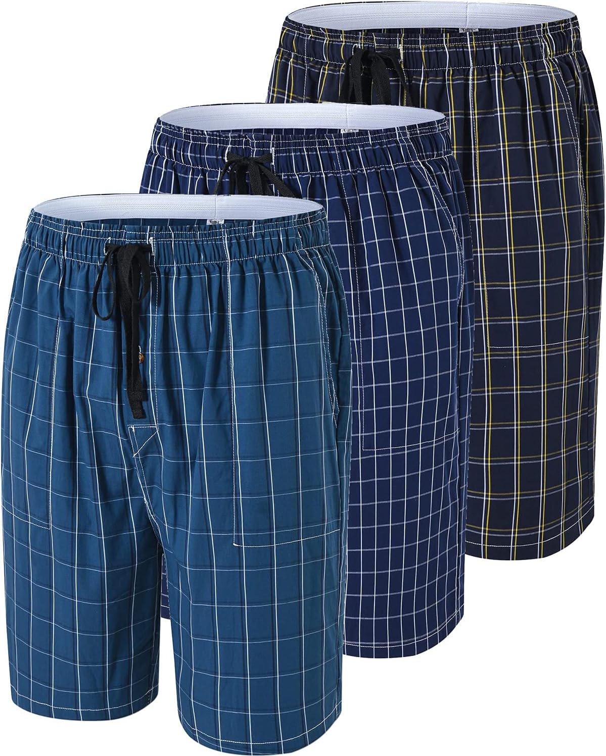 Detalle de MoFiz Men's Plaid Pajama Shorts 3-Pack: Lightweight Woven Cotton Sleep & Lounge Bottoms