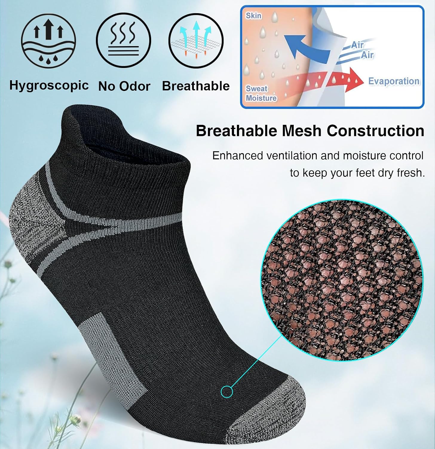 Detalle 2 de suaskk Men’s Athletic Cushioned Ankle Socks (5 Pairs) for Anti-Blister, Wicking Comfort