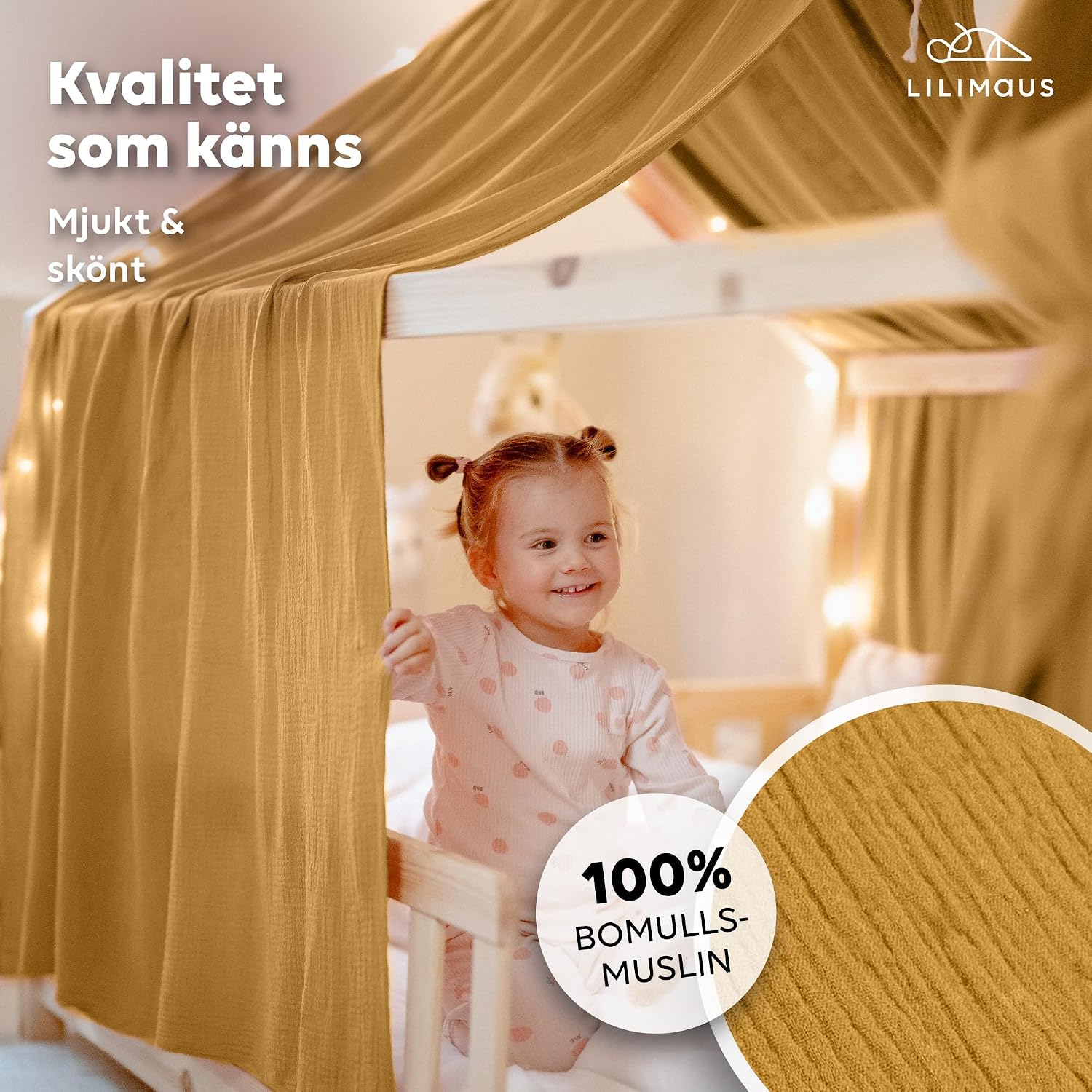 Detalle de lilimaus BH-HB-67x320-GELB sänghimmel för hussäng i senapsgul bomullsmuslin