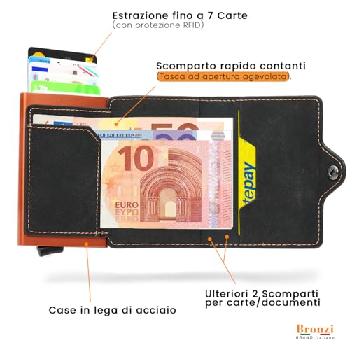 Detalle de Bronzi Portafoglio Uomo Slim Piccolo con protezione RFID – Porta Carte e Portamonete in similpelle, confezione regalo arancione