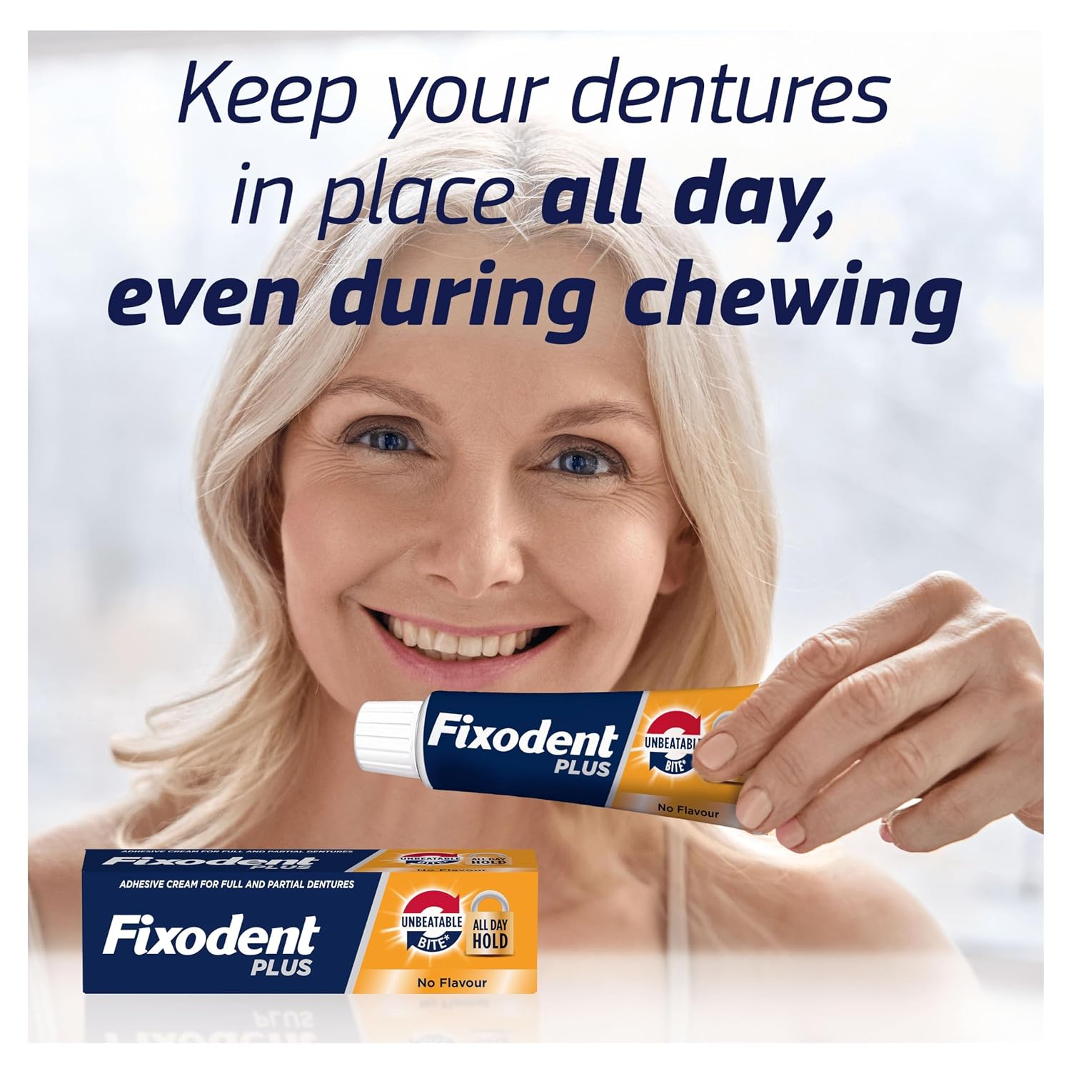 Thumbnail 1 de Fixodent Plus Unbeatable Bite Denture Adhesive — Flavour Free 40g (Pack of 3)