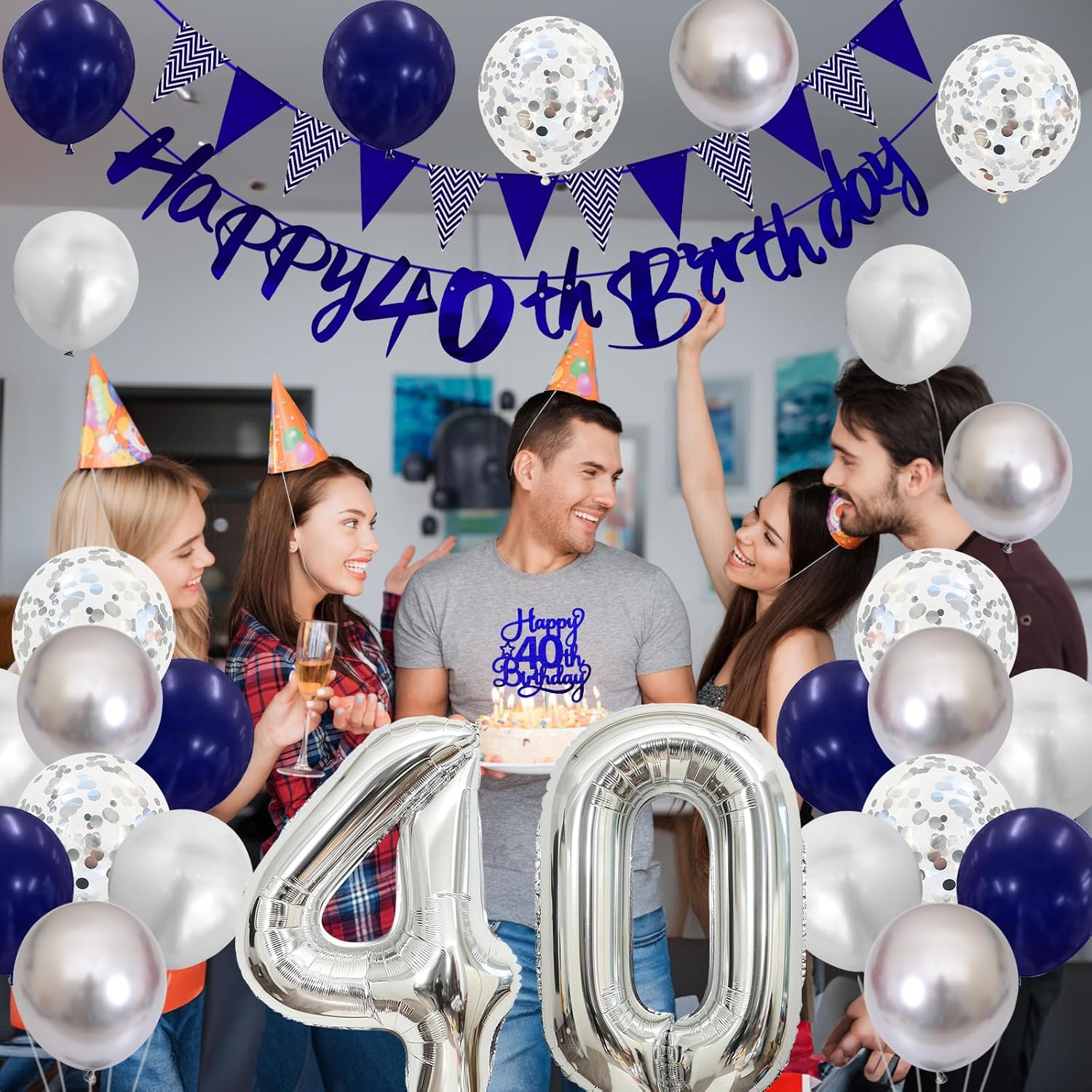 Detalle de Blue & Silver 40th Birthday Decorations Set — Balloons, Banner, and Cake Topper for Men and Women